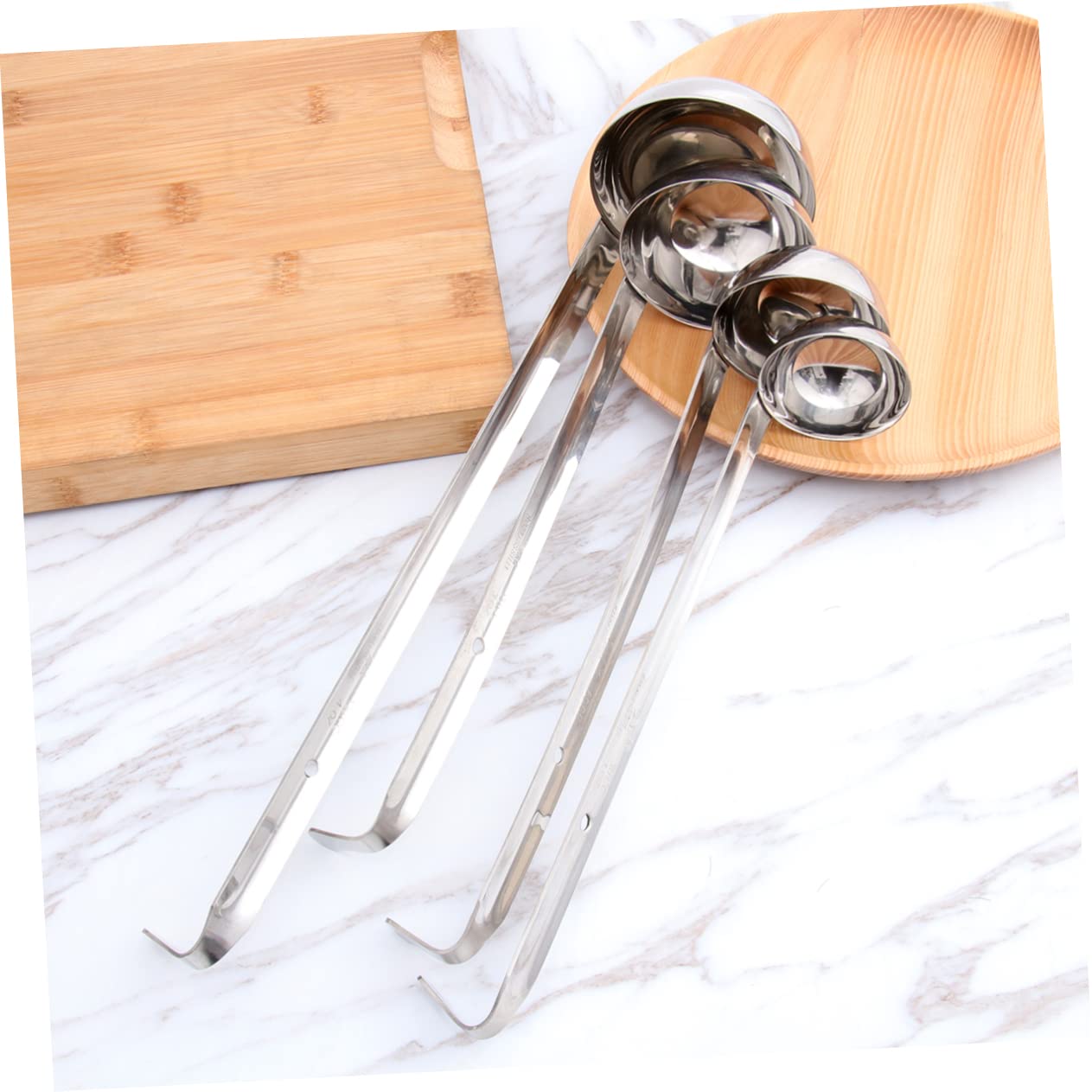 Set di 4 Mestoli da Zuppa in Acciaio Inossidabile Gancio, Manico e Resistente, Capacità da 30 a 120, per Cucinare e Servire in Cucina