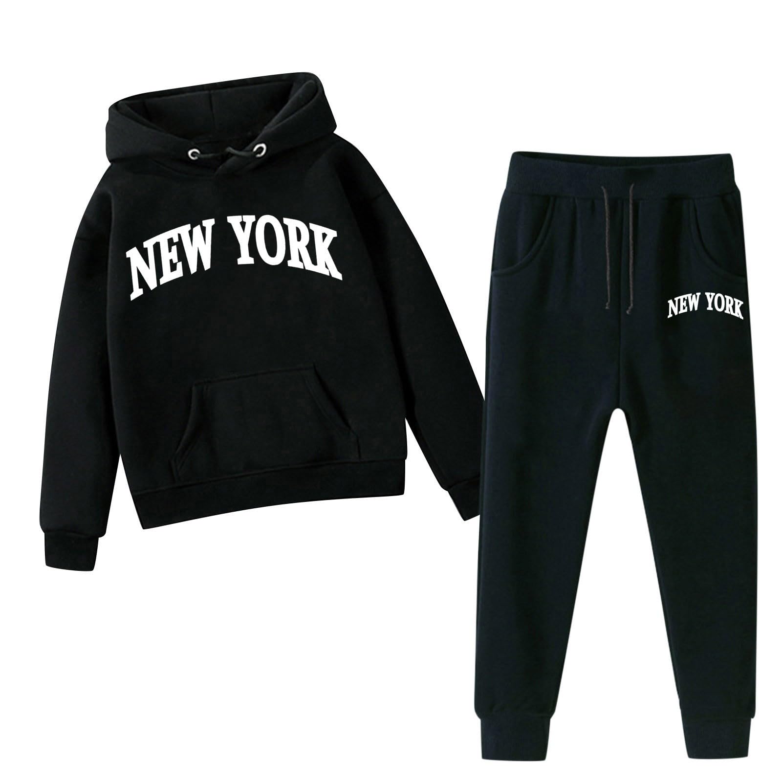 New York Sets 2-teiliges Outfit für Mädchen, mit Kapuze, Herbst, Workout, Kinder, Trainingsanzüge, Grafik, Reisen, Kapuzen-Sweatshirt, Sweathosen-Set, langärmelig, mit Kapuze, Sweatsuit-Set