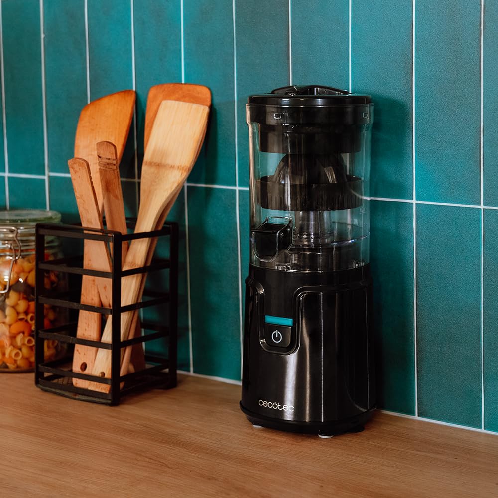 Cecotec Elektrisch Saftpresse Elektrisch Orangenpresse Zitruspressen Essential TowerAdjust Easy Steel. 140W, 0,35L, inklusive Filter und Plastiktrichter, einzigartige Rotationsrichtung, abnehmbar