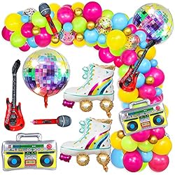 Patines 90S Tacobear 89 Piezas Decoracion Fiesta Años 70 80 90 Kit Guirnalda Globos con Discoteca Globo Inflable Boombox Micrófono Patines Guitarra Decoraciones de Cumpleaños para Adultos