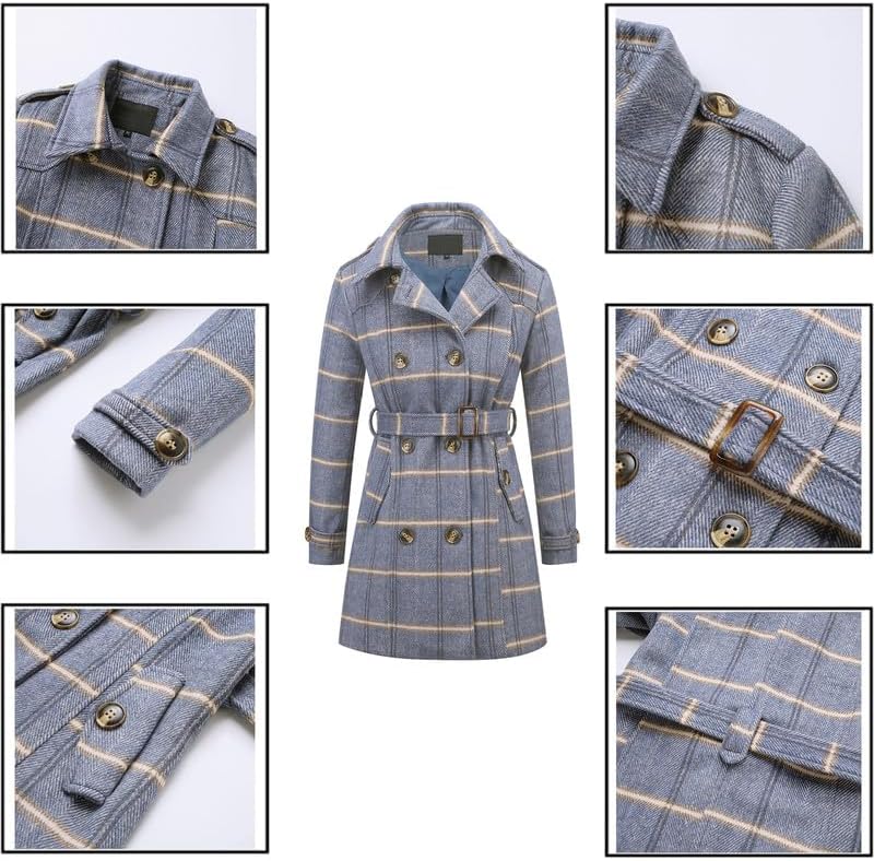 Rasujie Womens Pea Coat Double Breasted Wool Coat Long Winter Trench Coat with Belt - Image 4