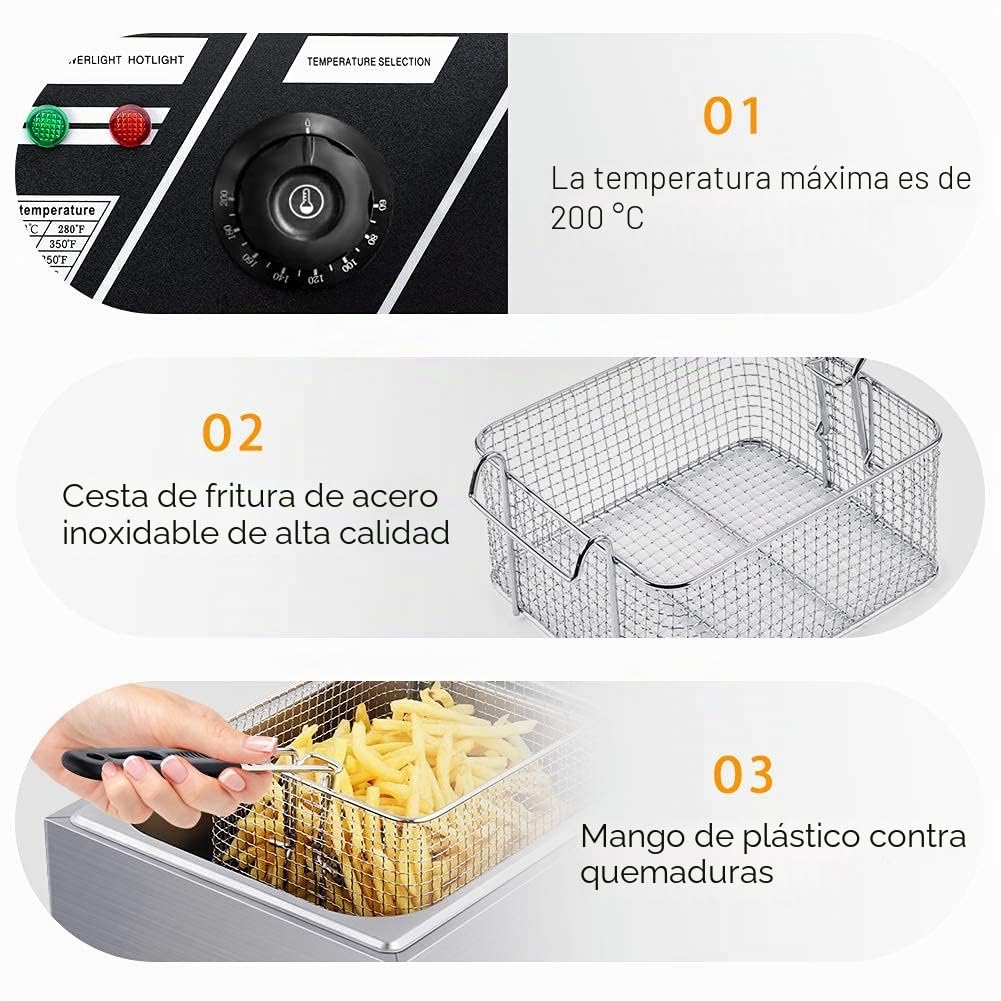 Freidora Industrial Eléctrica de Acero Inoxidable, 6L, 220-240V, con Regulador de Temperatura y Canasta, para Uso Comercial y Doméstico