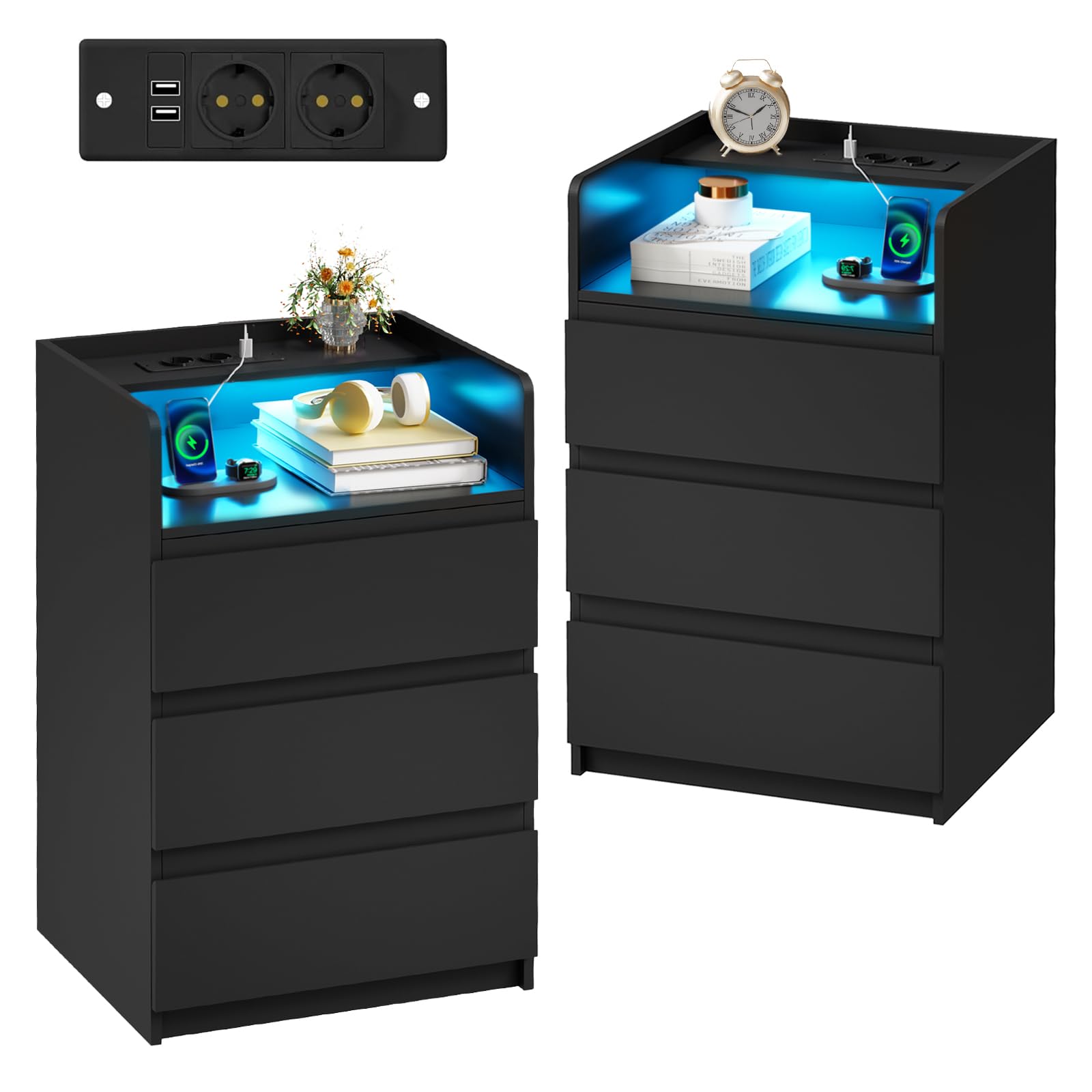 ANWBROAD Mesita de Noche con Enchufes Integrados,Mesilla de Noche con Tira de Luces LED,3 Cajones 1 Compartimento,Mesita de Noche Moderna para Dormitorios Salones (2, Blanco) BNS014W — view 11