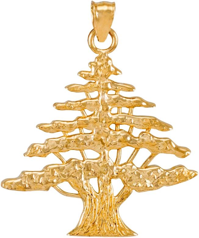 Middle Eastern Jewelry Textured 14k Yellow Gold Lebanese Cedar Tree Charm Pendant
