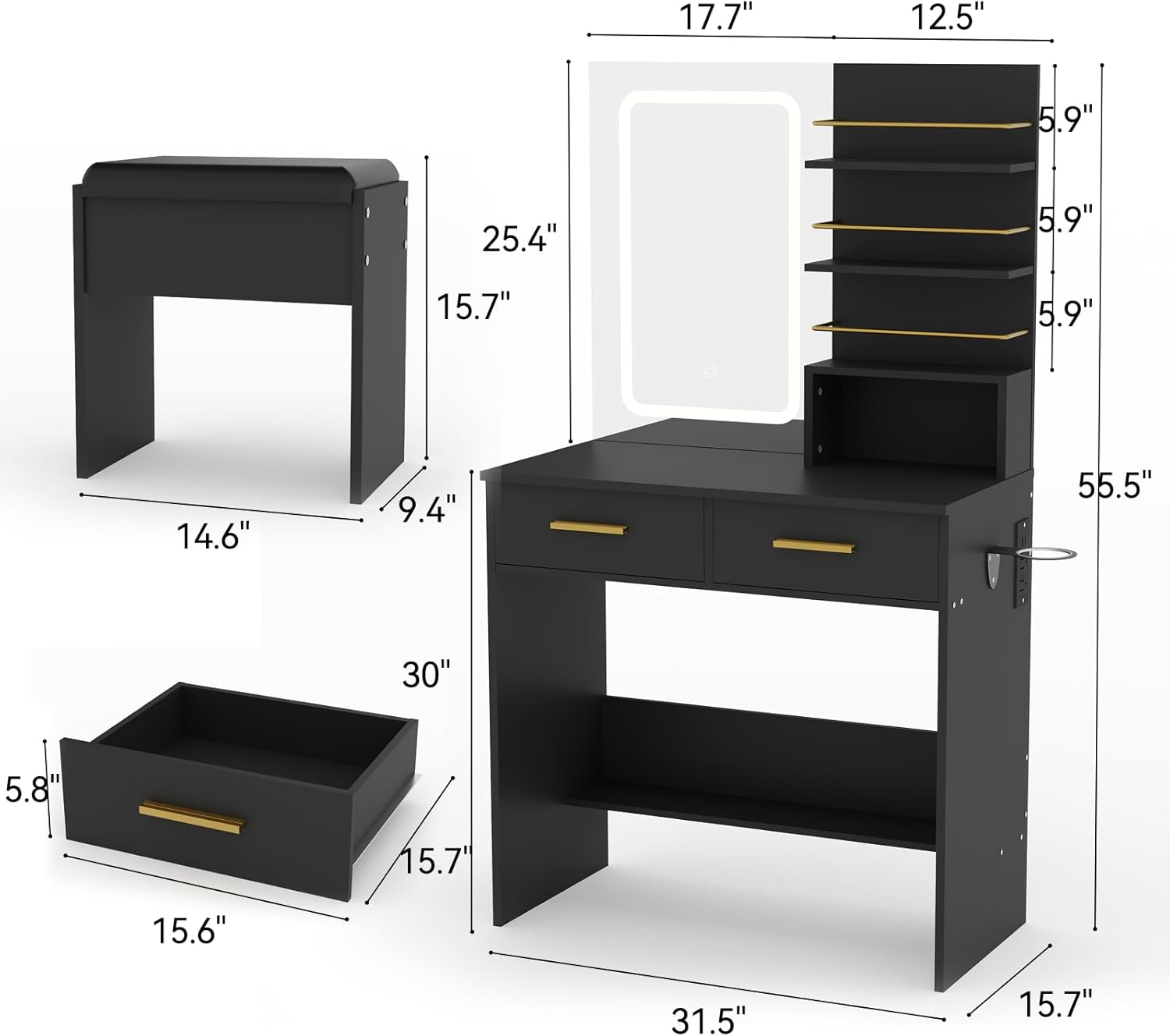 Vanity Desk with Mirror and Lights, Makeup Vanity with 3 Color Light Options and 4 Open Shelves, Vanity Table with 2 Storage Drawers, Dressing Table with Cushioned Stool(Black)
