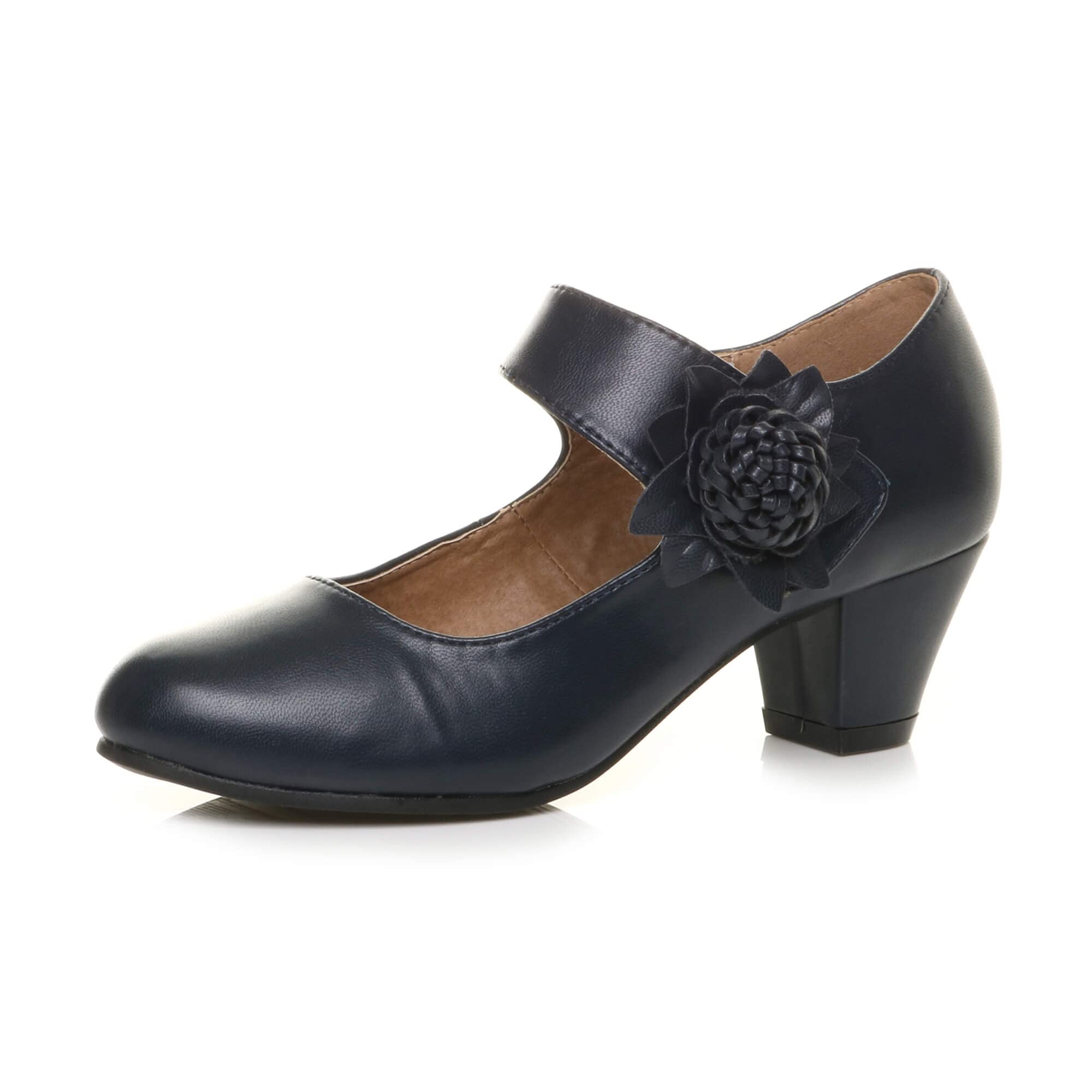 AJVANIWomens Ladies Low Block Kitten Heel Mary Jane Style Flower Leather Lined Work Court Shoes Pumps Size.