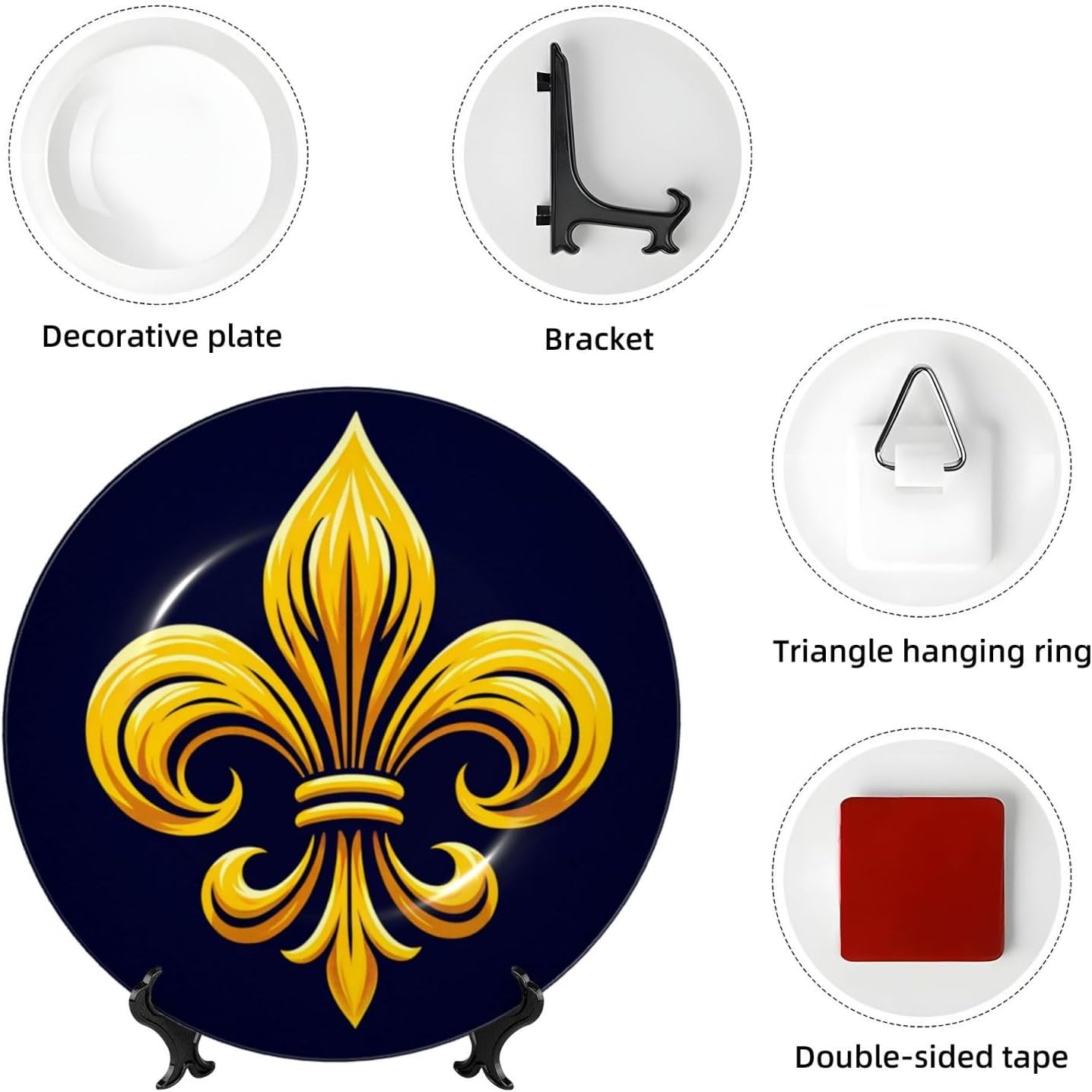 Blue-Fleur-De-Lis-Gold 10 Inch Decorative Plate With Stand, Elegant Display Wall Plate For Home Decor