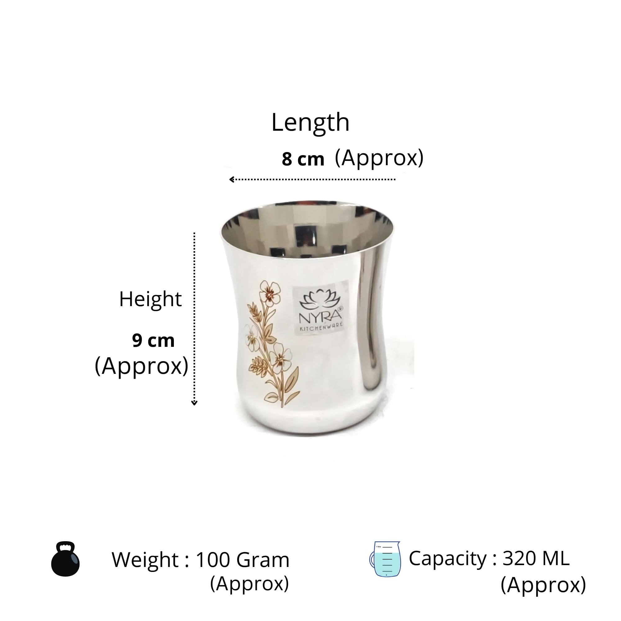 NYRA® Stainless Steel Laser-Printed Goblet Glass - 320ml Capacity, 100g Lightweight Drinkware for Refreshing Beverages, Cocktails (4) 3