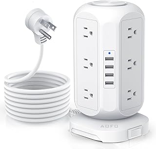 Tower Power Strip with 12 Outlets 4 USB Chargers, AOFO Surge Protector Charging Station with Overload Protection, Widely Spaced Multiple Outlets 10Ft Long Extension Cord for Home, Dorm & Office