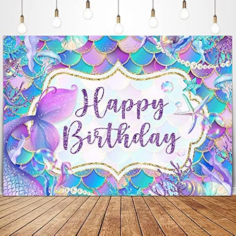 Glawry Mermaid Happy Birthday Backdrop for Photography 7Wx5H Feet Girls Under The Sea Glitter Purple Green Aqua Mermaid Tail Scale Party Decorations Photoshoot Background Photo Booth Studio Cover