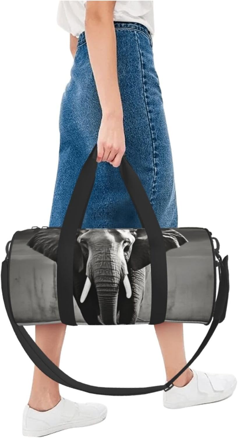 Travel Duffle Bag Lightweight Sports Gym Bag for Men Women Foldable Carry On Weekender Overnight Bag Black and White Elephant Canvas Sport Duffel Bag for Yoga Business Trip, Black, One Size