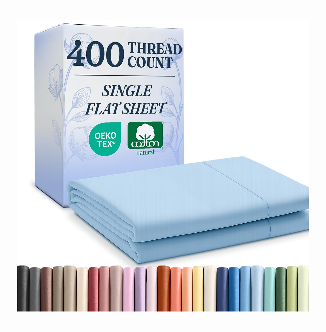 full 400 thread count 100% cotton flat sheet - comfortable, cooling & breathable cotton - top flat sheet only - luxury hotel quality bedding - extra soft & comfy - easy care, wrinkle free - light blue