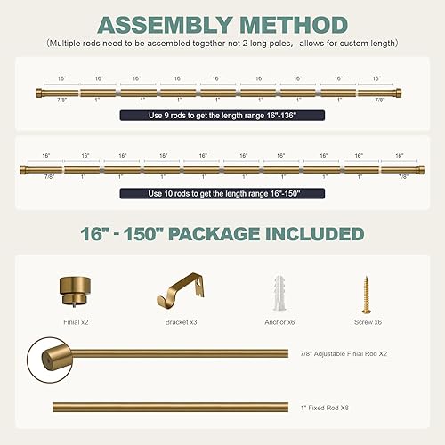 Miniatura 9 de Barras de cortina doradas cálidas para ventanas de 72 a 144 pulgadas, longitud ajustable, resistente, 1 pulgada de diámetro, barra de cortina larga