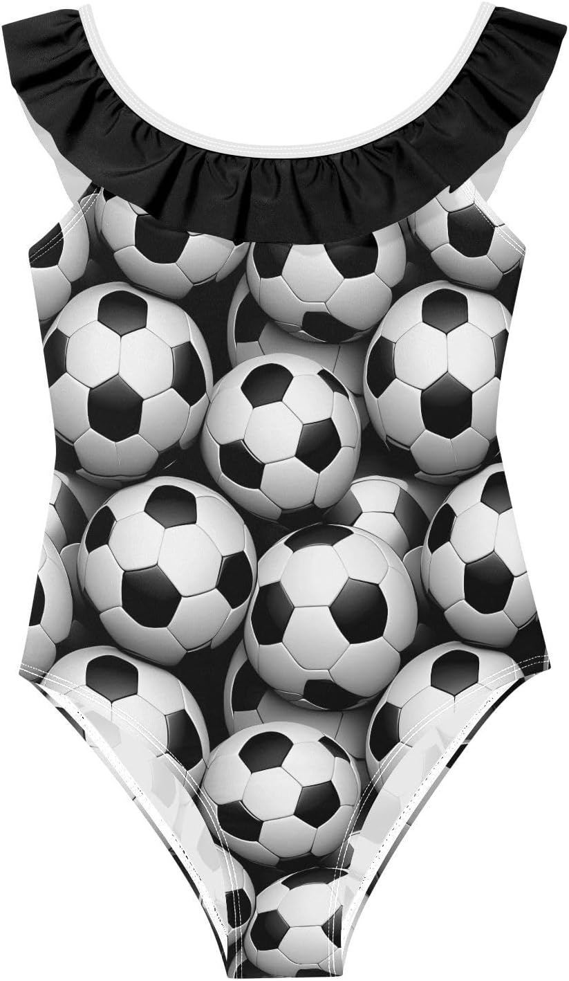 visesunny Girls One Piece Swimsuits Ruffle Swimwear Realistic 3D Soccer Pattern Bathing Suits for Girls 3-6Y