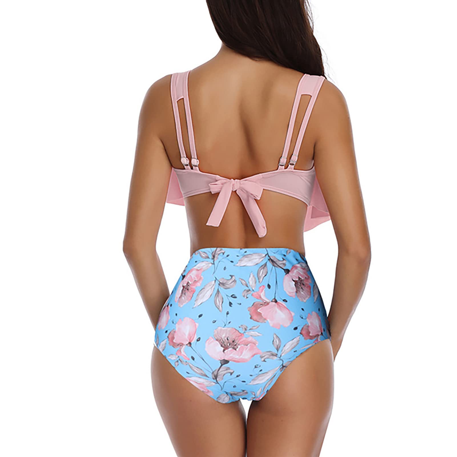 Tankini, 2pcs Elastic Printed Swimsuit Back Ties Bikini Bottoms High Waist for Women for Swimming Pool (M) Pink-image-12