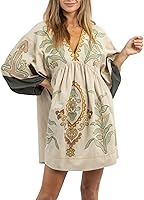 Joiemont Women's Oversized Embroidered Babydoll Dress - V-Neck, 3/4 Sleeves, Vintage Boho Embroidery Casual Mini Dress