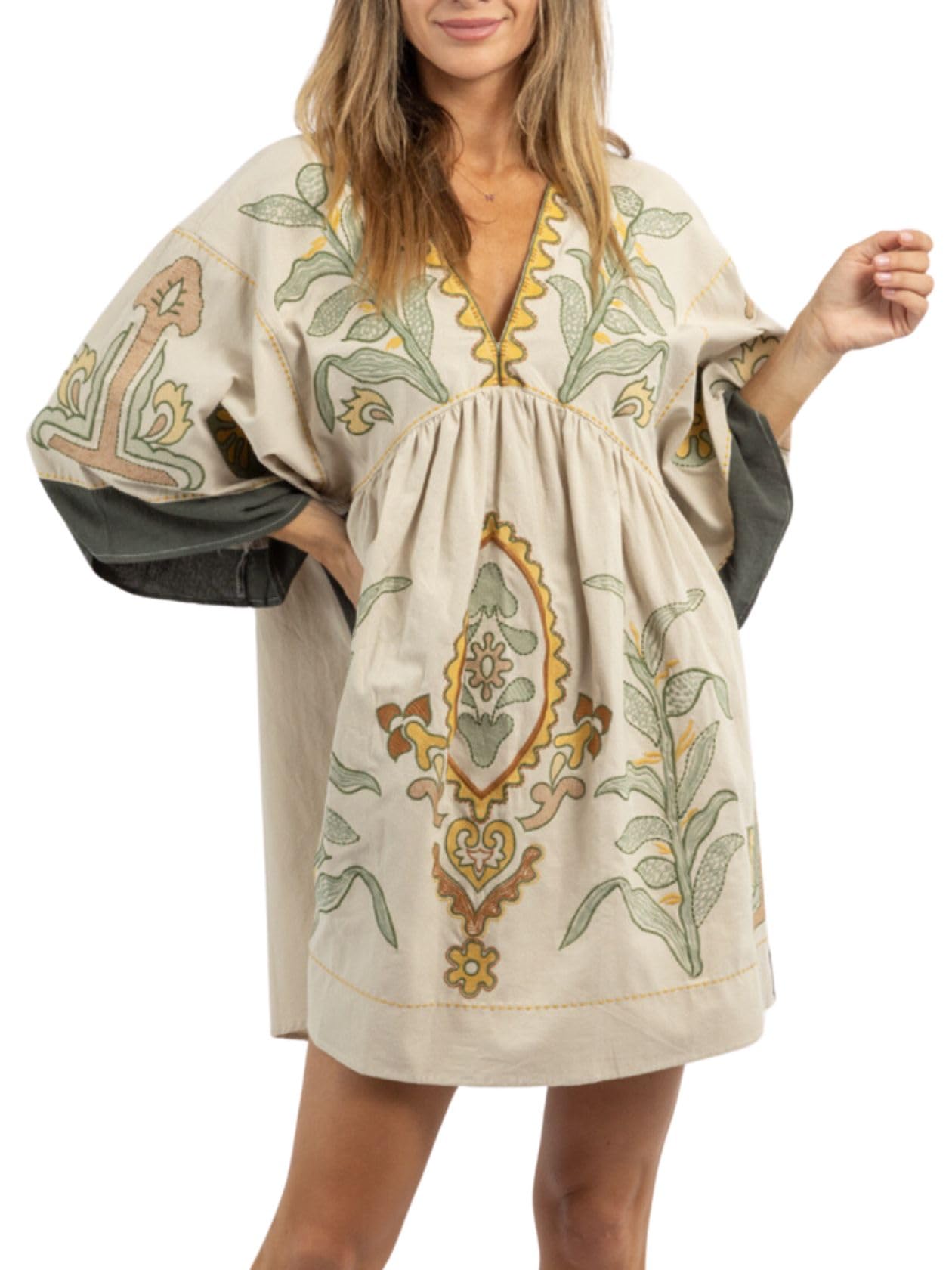 Womens Oversized Embroidered Dress with V-Neck and 3 4 Sleeves Vintage Embroidery Babydoll Dress