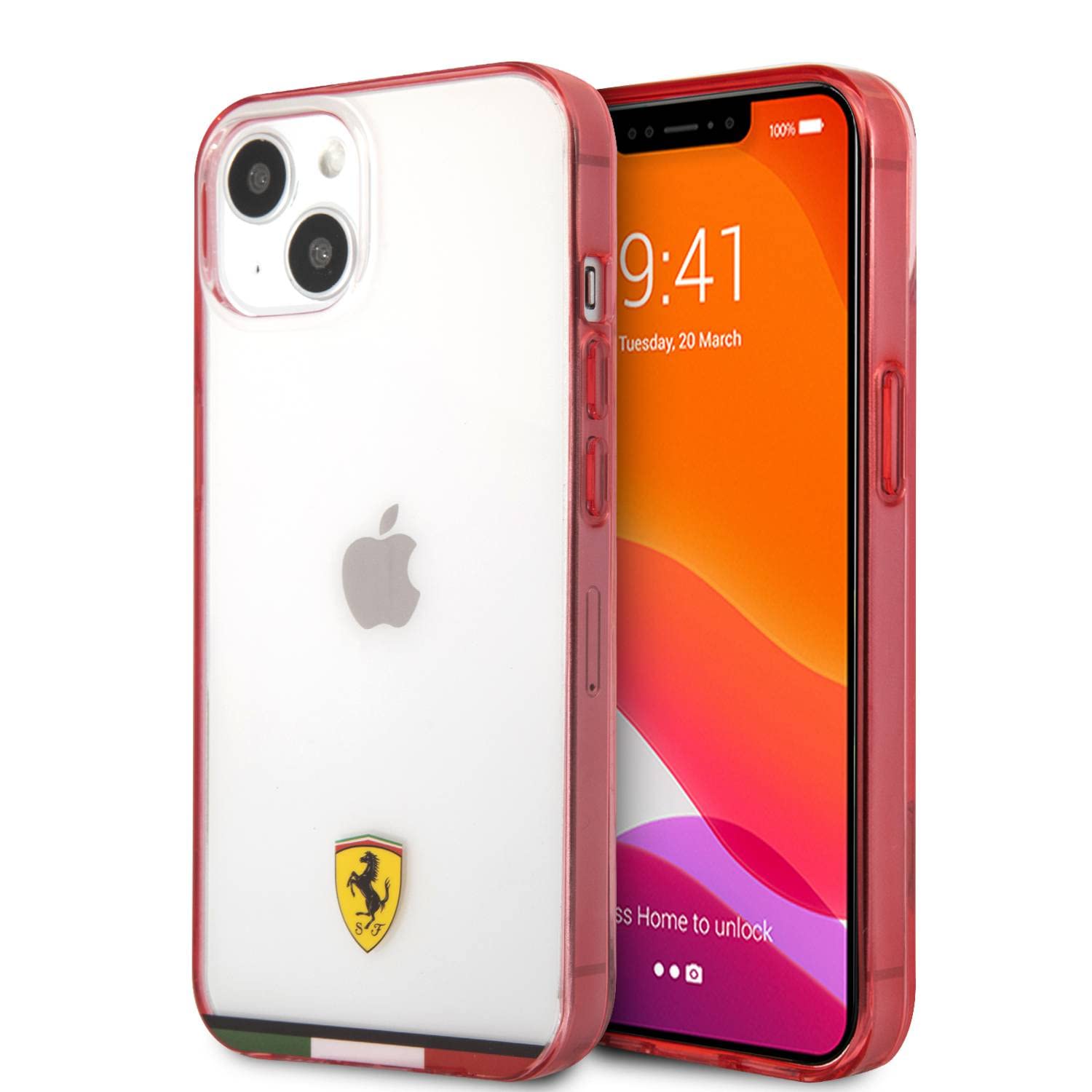 CG MOBILE Ferrari Italia Stripe Transparent Hard Case Print Logo Compatible for iPhone 13 Mini (5.4") Anti-Scratch| Shock Absorption Back Cover Suitable w/Wireless Charging Officially Licensed - Red