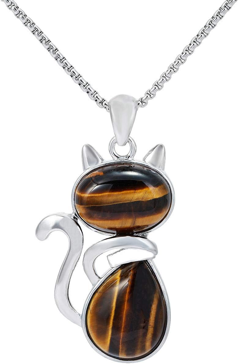 Stone Pendant Cat Healing Crystal Necklace Animal Energy Chakra Amulet Handmade Jewelry for Women