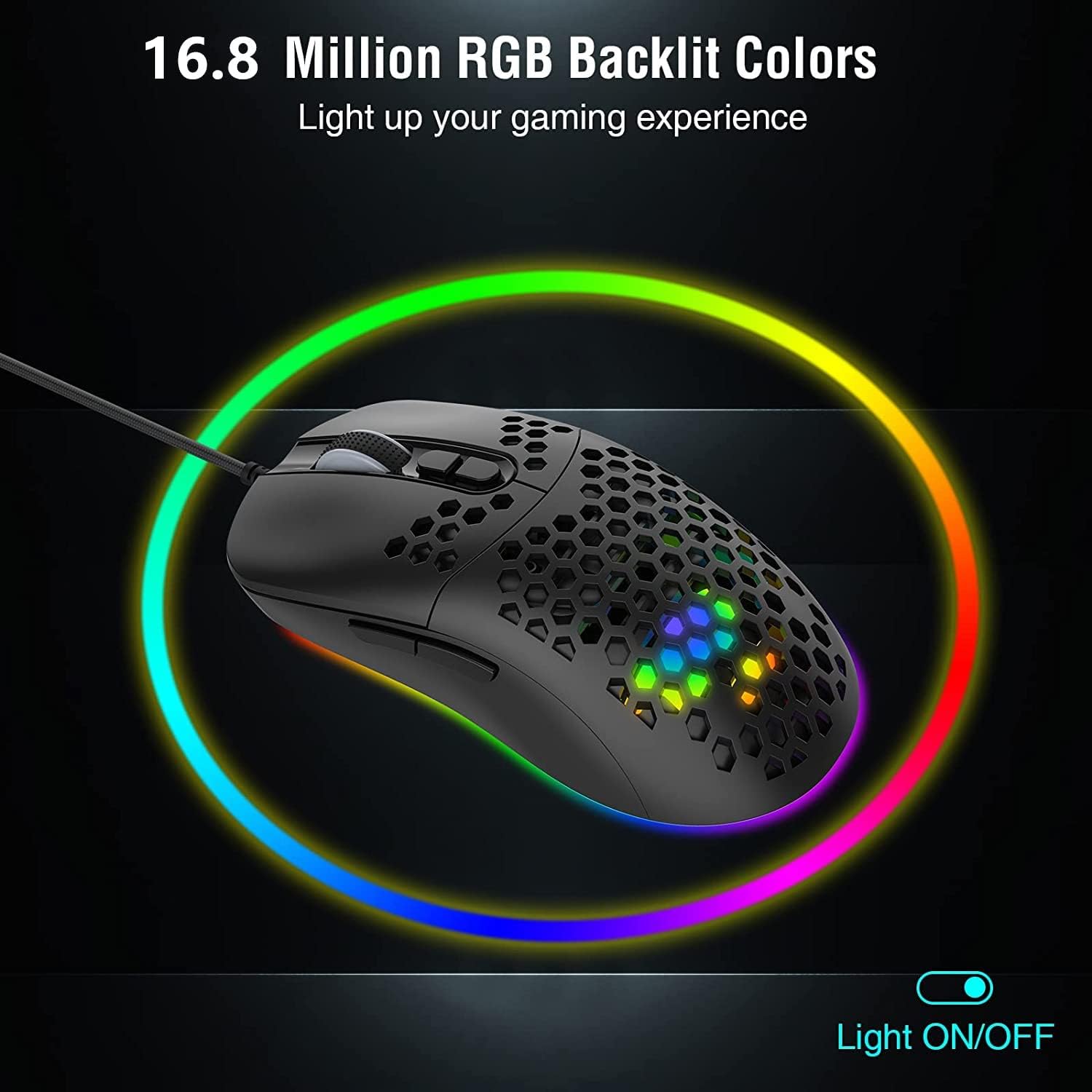 RGB Gaming Mouse, Ultra-Lightweight Honeycomb Shell, LED Lightweight Smooth Glide PTFE Feet, 6 Adjustable DPI Up to 8000 DPI for Windows/PC/Mac/Laptop Gamer