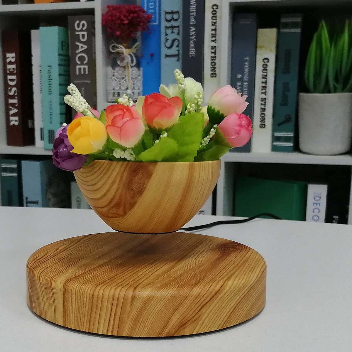 Pot De Bonsaïs À Air en Lévitation Plateau pour Plantes De Maison, 360 Degrés Pot De Bonsaï Flottant À Lévitation Magnétique Grain De Bois Pot De Fleurs Flottant pour Cadeau De Vacances