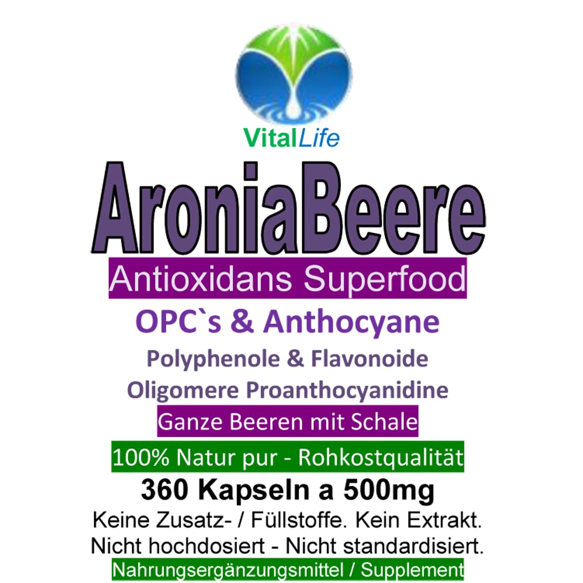 Aroniabeere Aronia 360 Kapseln OPC + Antioxidantien (Radikal Fänger) + Vitamine C+E+K - Anthocyane + Flavonoide für Immunsystem & Abwehrkräfte - NATUR PUR ohne ZUSATZSTOFFE. 26855-360