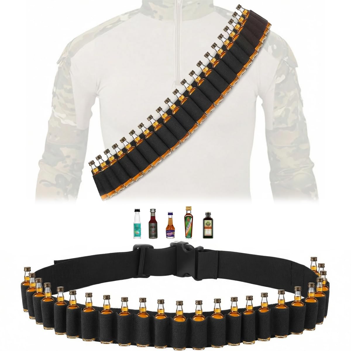 MUCHER Cintura per cartucce 27 fori Berentzen Knocker Portacinture 130cm Cintura per cartucce di grappa Cintura per Jägermeister, grappe, addio al celibato, regalo di festa, Carnevale
