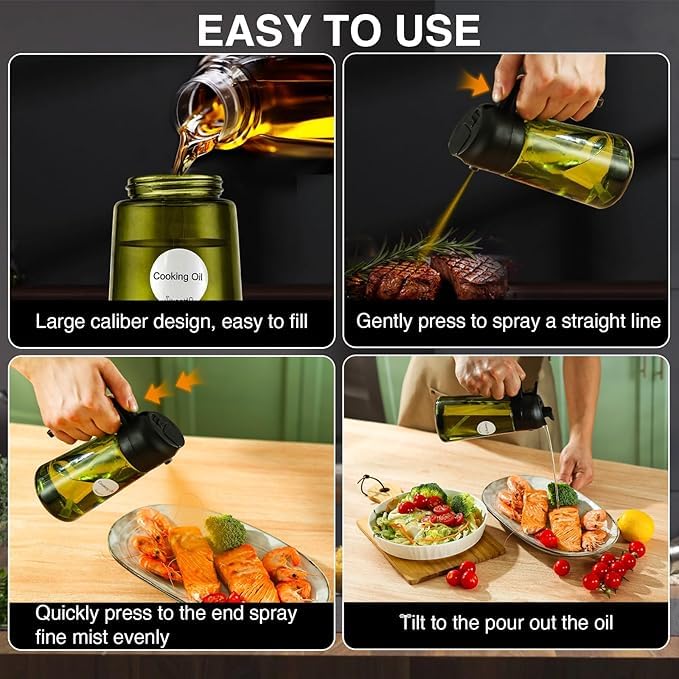 KELVEE Oil Sprayer for Cooking, 2 in 1 Olive Oil Dispenser Bottle for Kitchen, 16oz/470ml Premium Dark Green Glass Oil Bottle, Food-grade Oil Mister for Air Fryer, Salad, Frying, BBQ 5