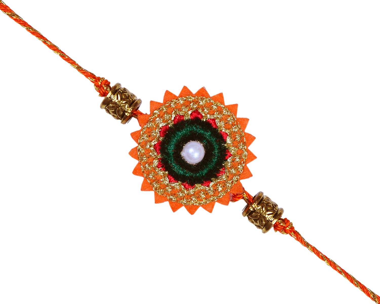 MASQ by Q-One PEARL Designer Rakhi Set with Roli Chawal & Moli for Men (Orange-Green-Gold | Pack of 1) | Embroidered Handcrafted Raksha Bandhan Bracelet for Brother (B099Q58Y4B) Amazon Price History, Amazon Price Tracker