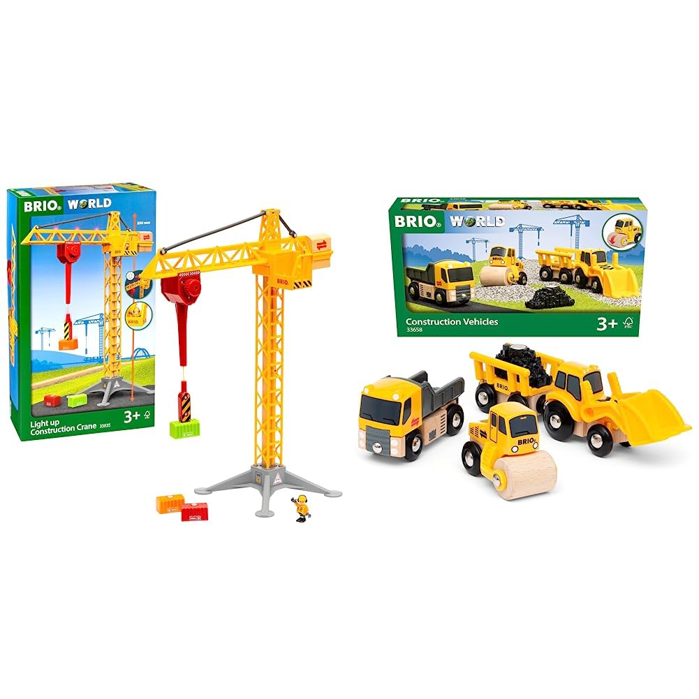 BRIO World 33835 Großer Baukran mit Licht - Zubehör für die BRIO Holzeisenbahn - Empfohlen für Kinder ab 3 Jahren & World 33658 Baustellenfahrzeuge - Ergänzung Holzeisenbahn - Empfohlen ab 3 Jahren