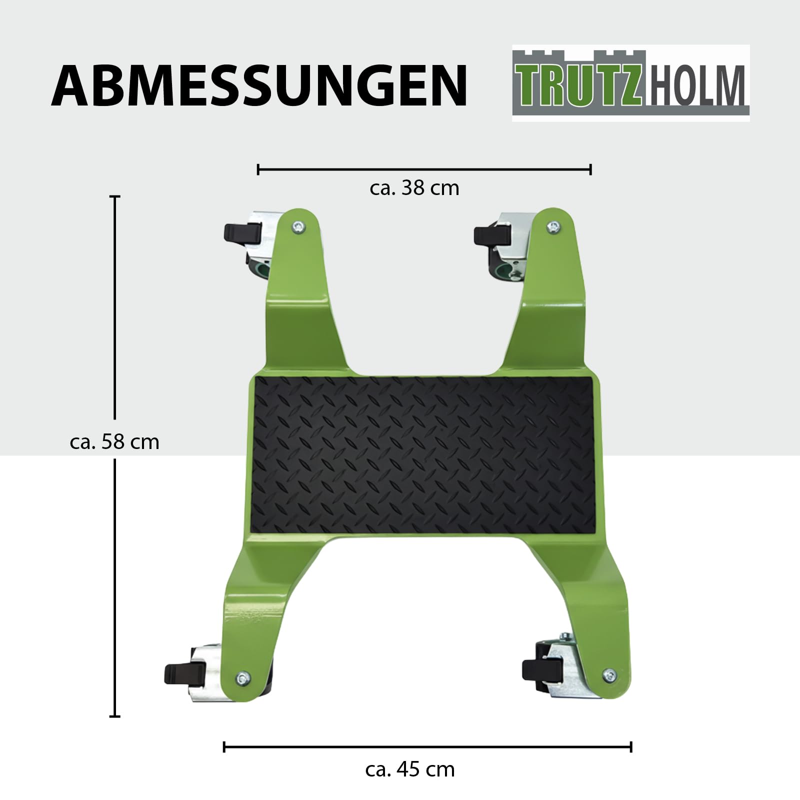 TRUTZHOLM Rangierhilfe für Motorrad mit Hauptständer Tragkraft 450 kg Rangierplatte extra-flach mit 4x Doppenrollen 360° schwenkbar und 4x Feststellbremse Rangierroller 10 mm dicker Stahl in grün