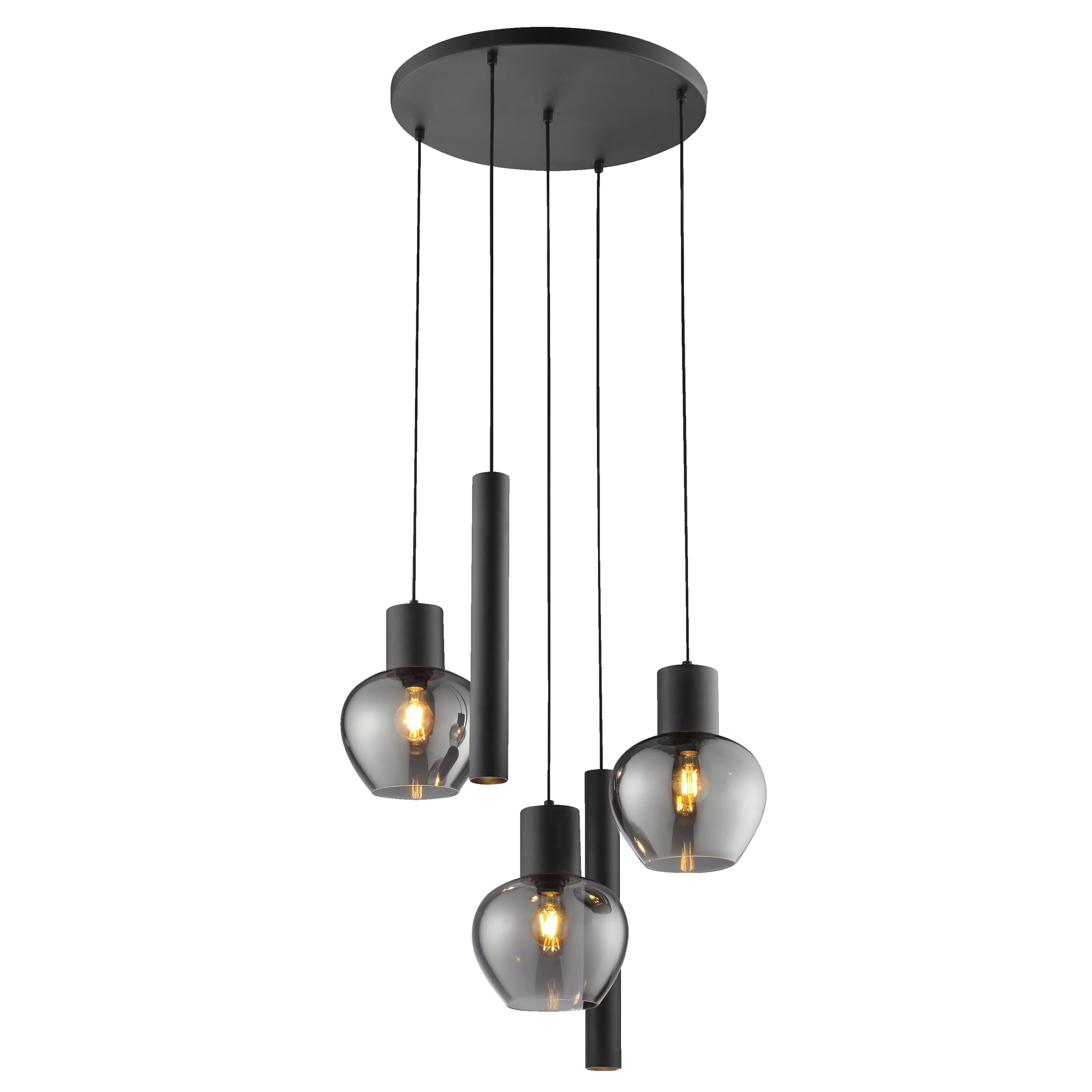 Lightbox Pendelleuchte, 5-flammig, 3 x E27 und 2 x GU10 Fassung, Ø 68 cm x 150 cm, dimmbar, Kabel kürzbar, Aluminium und Rauchglas, schwarz rauchfarben, modern Glamour, Wohnzimmer Esszimmer