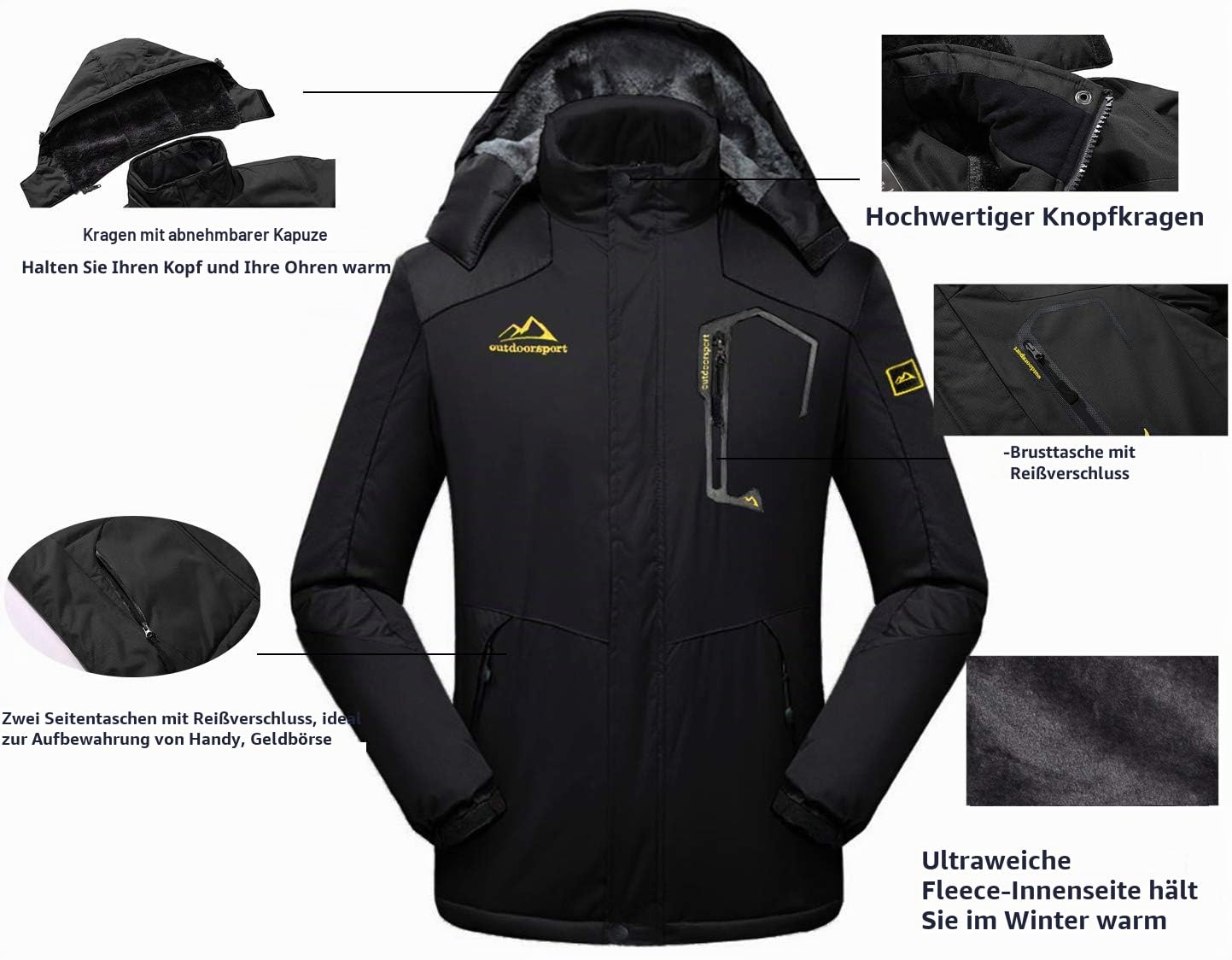EKLENTSON Herren Winterjacke Wasserdicht Skijacke Winddicht Gefütterte Wanderjacke Outdoor Schnee Jacke mit 4 Taschen