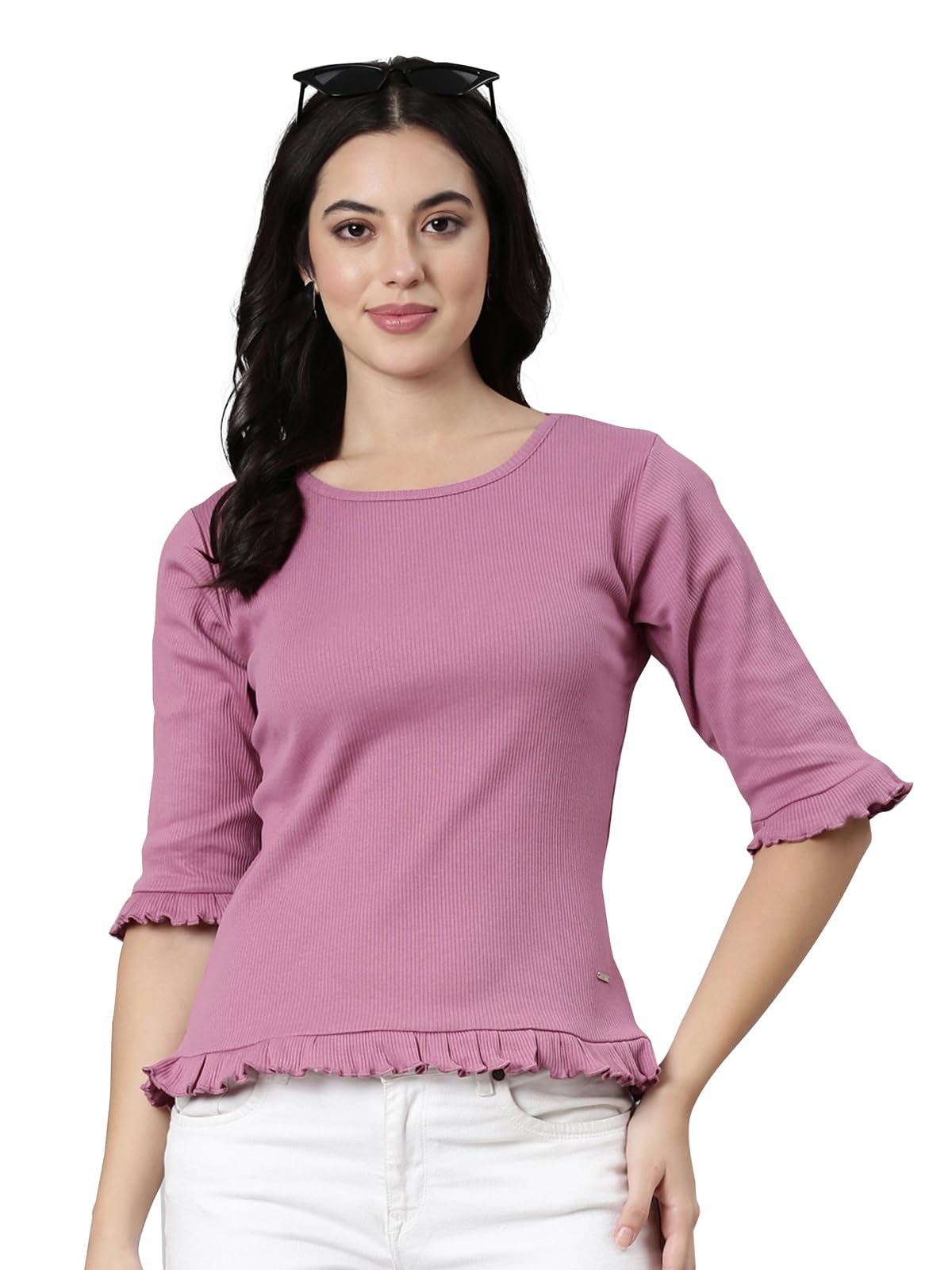 TWIN BIRDS Regular Round Neck Cotton Ruffle Tops/Tops with Ruffle Sleeves for Women