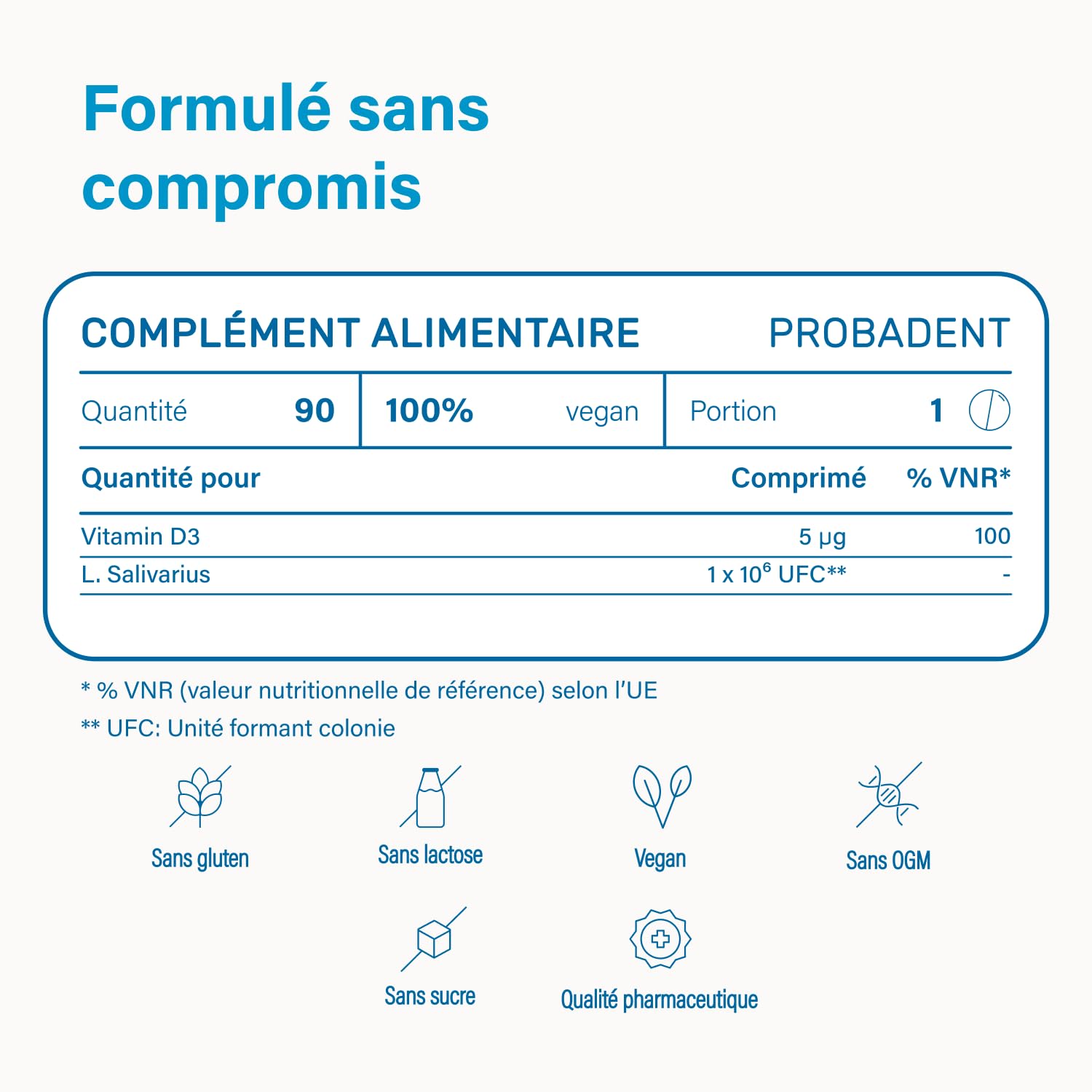 Nupure Probadent pastilles à sucer probiotique flore buccale vitamine D 5 μg goût citron hygiène buccale 90 gélules