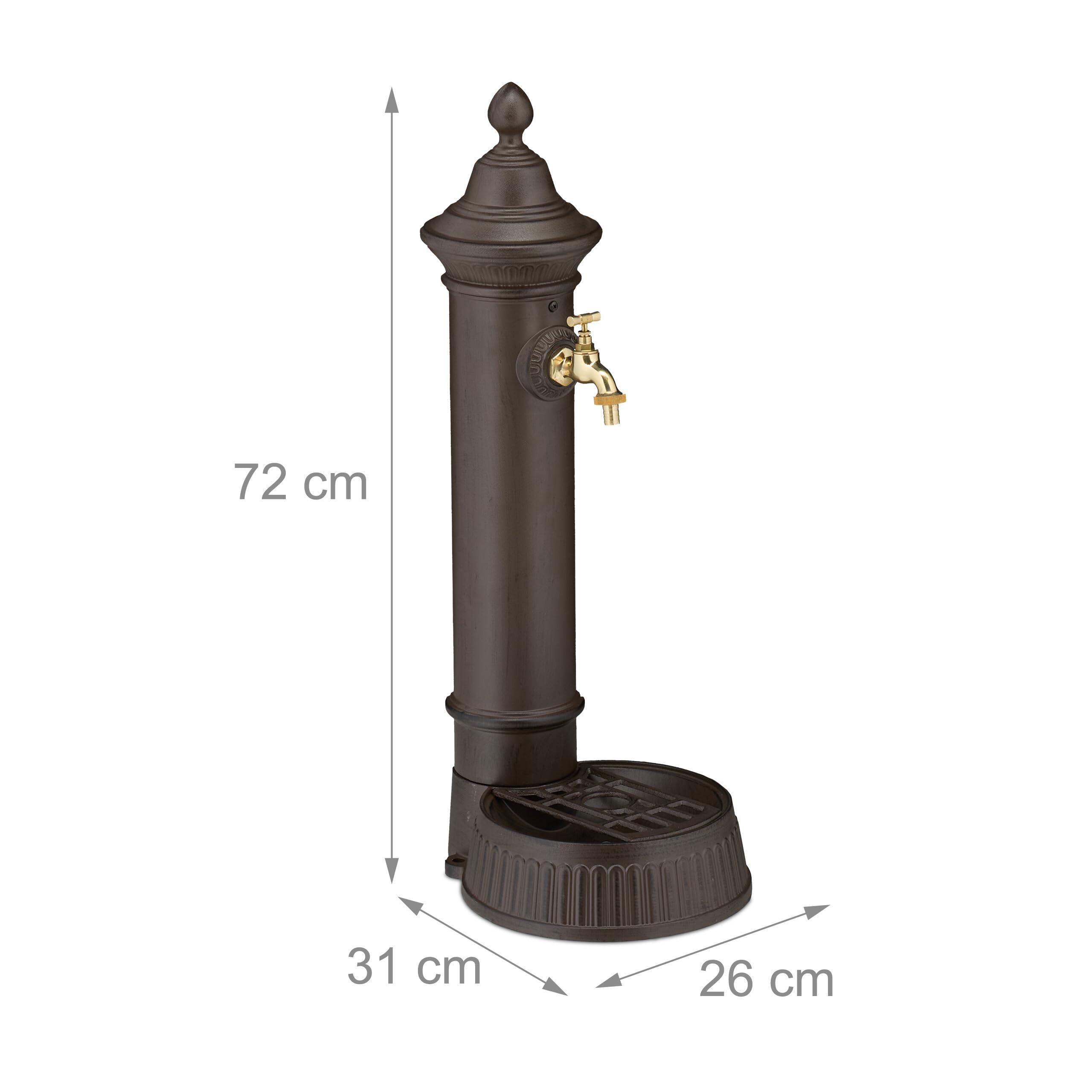 Relaxdays Fontana da Giardino in Stile Antico, Fontanella a Colonna con Rubinetto e Vaschetta, 72x26x31 cm, Marrone