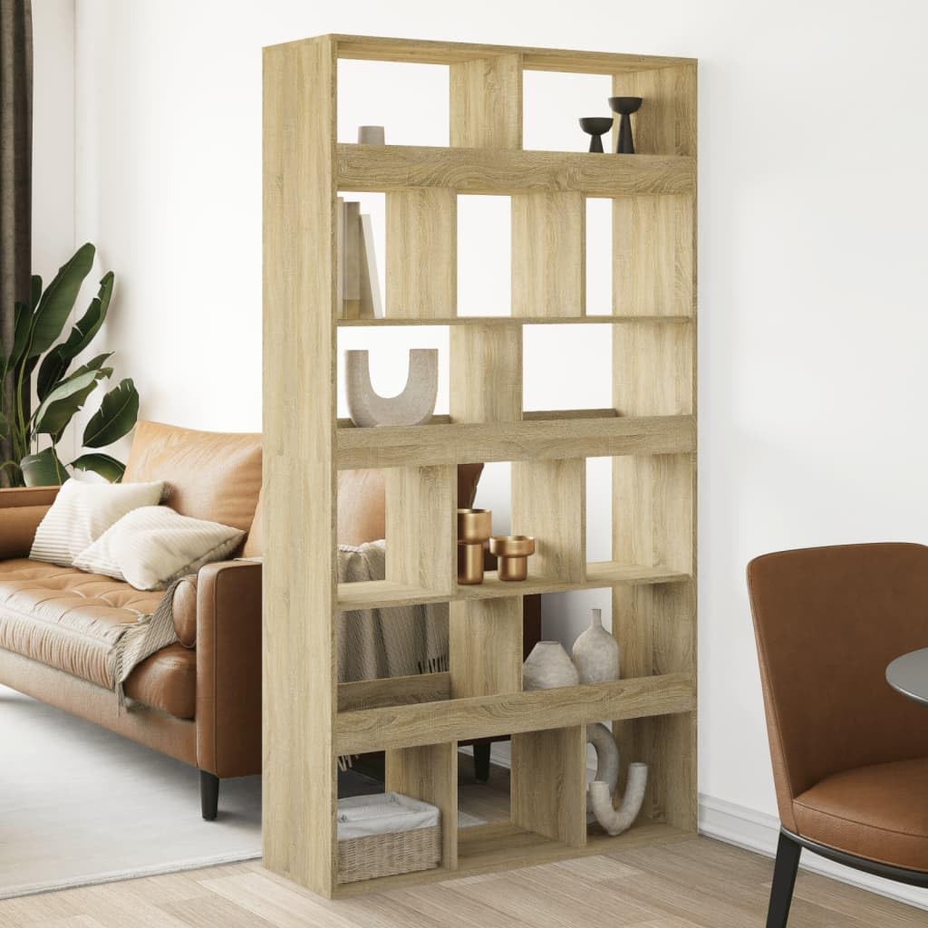 Sonoma Oak Engineered Wood Room Divider Bookshelf | Features 15 open compartments measuring 100x33x187.5 cm, ideal for living room and office storage.