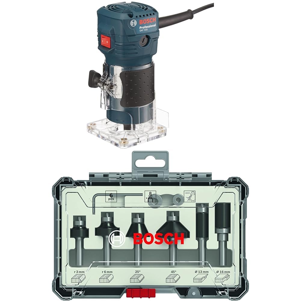 Bosch Professional Kantenfräse GKF 550 (inkl. Parallelanschlag, Rollenführung, Grau, 2x Schraubenschlüssel (17mm, 10 mm), im Karton) + 6tlg. Rand- und Kantenfräser Set (für Holz, Zubehör Oberfräsen)