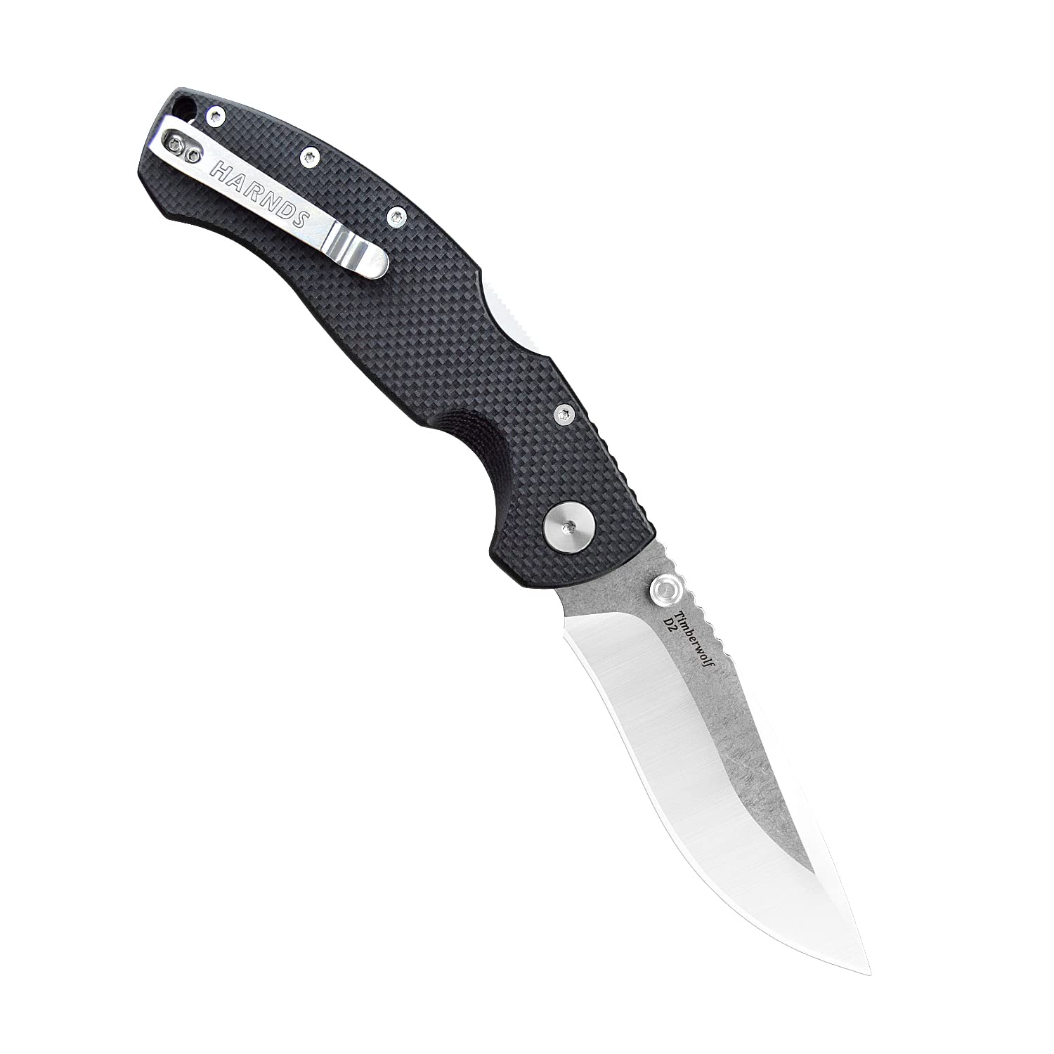 Harnds Timberwolf Cuchillo plegable con hoja de acero D2 de 9.14cm cuchillo de camping con mango backlock G10 filo liso y clip de bolsillo (Lavado de piedra + satén)