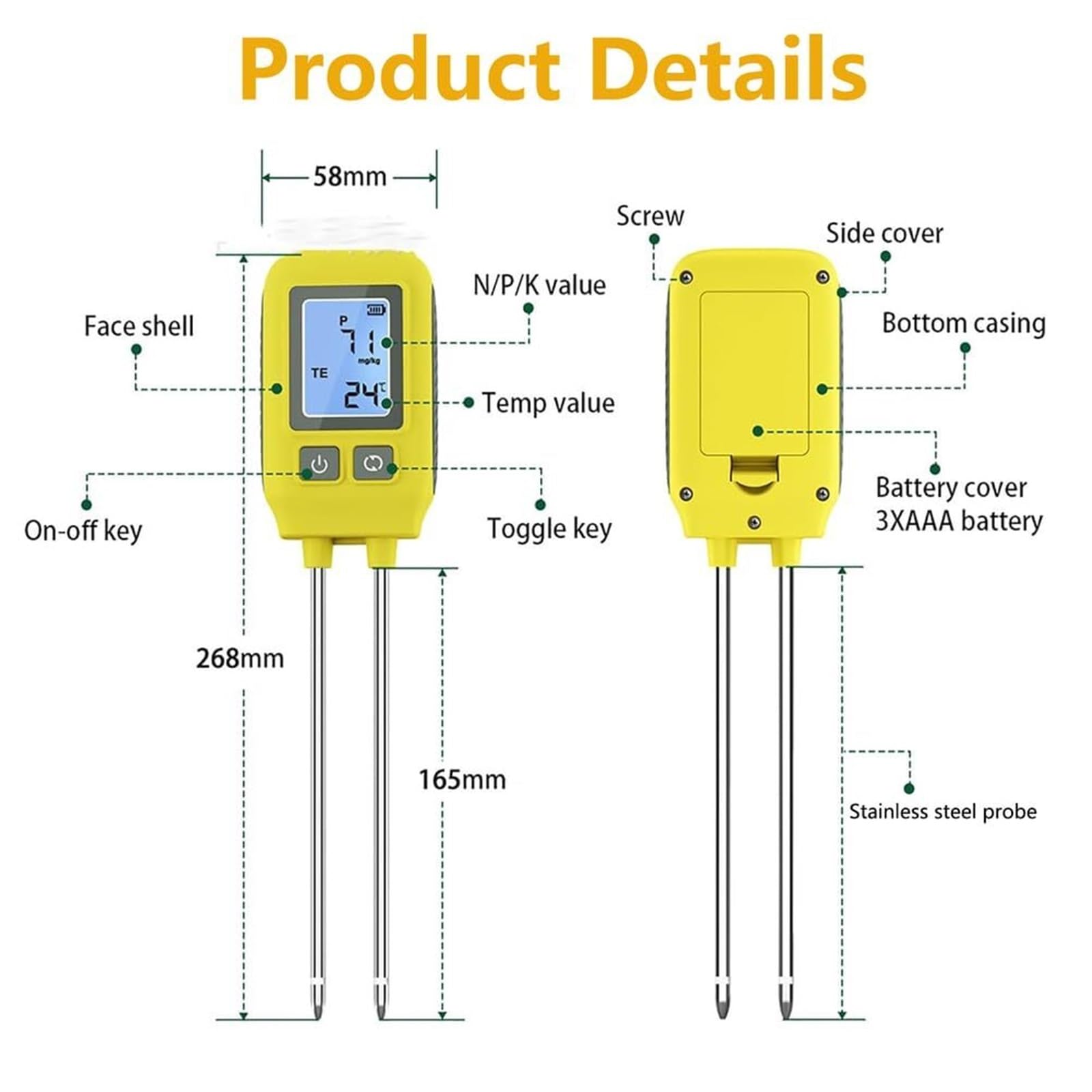Probador de suelo NPK 4 en 1 LCD digital, medidor de fertilidad del suelo for nitrógeno, fósforo, potasio y temperatura, analizador de suelo de alta precisión