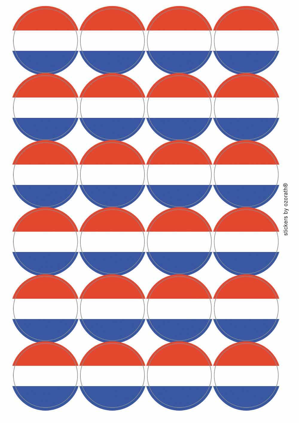 Netherlands National Flag Circular Matt Paper Stickers A4 Sheet of 24 (Each Sticker is 45mm Diameter)