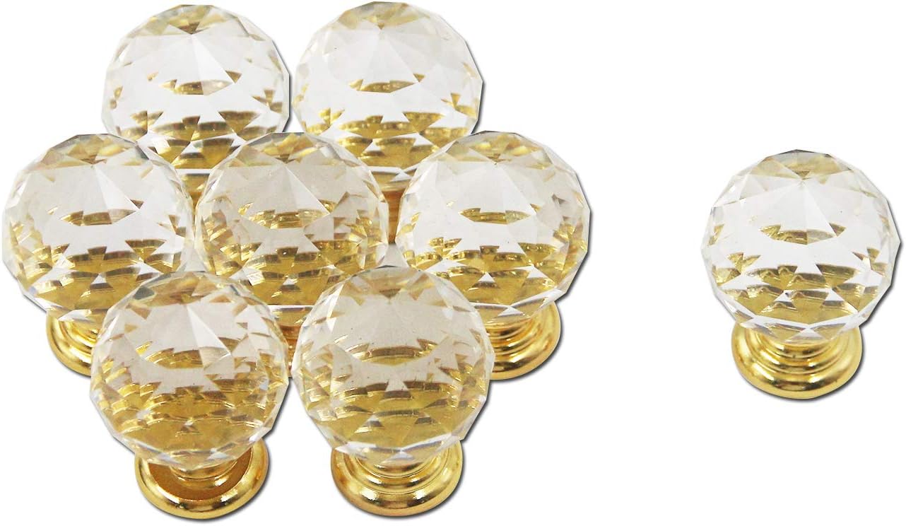 Mcredy Cabinet Knobs Draw Knobs Crystal 1.2 Inch Transparent Gold Base with Screws Pack of 8