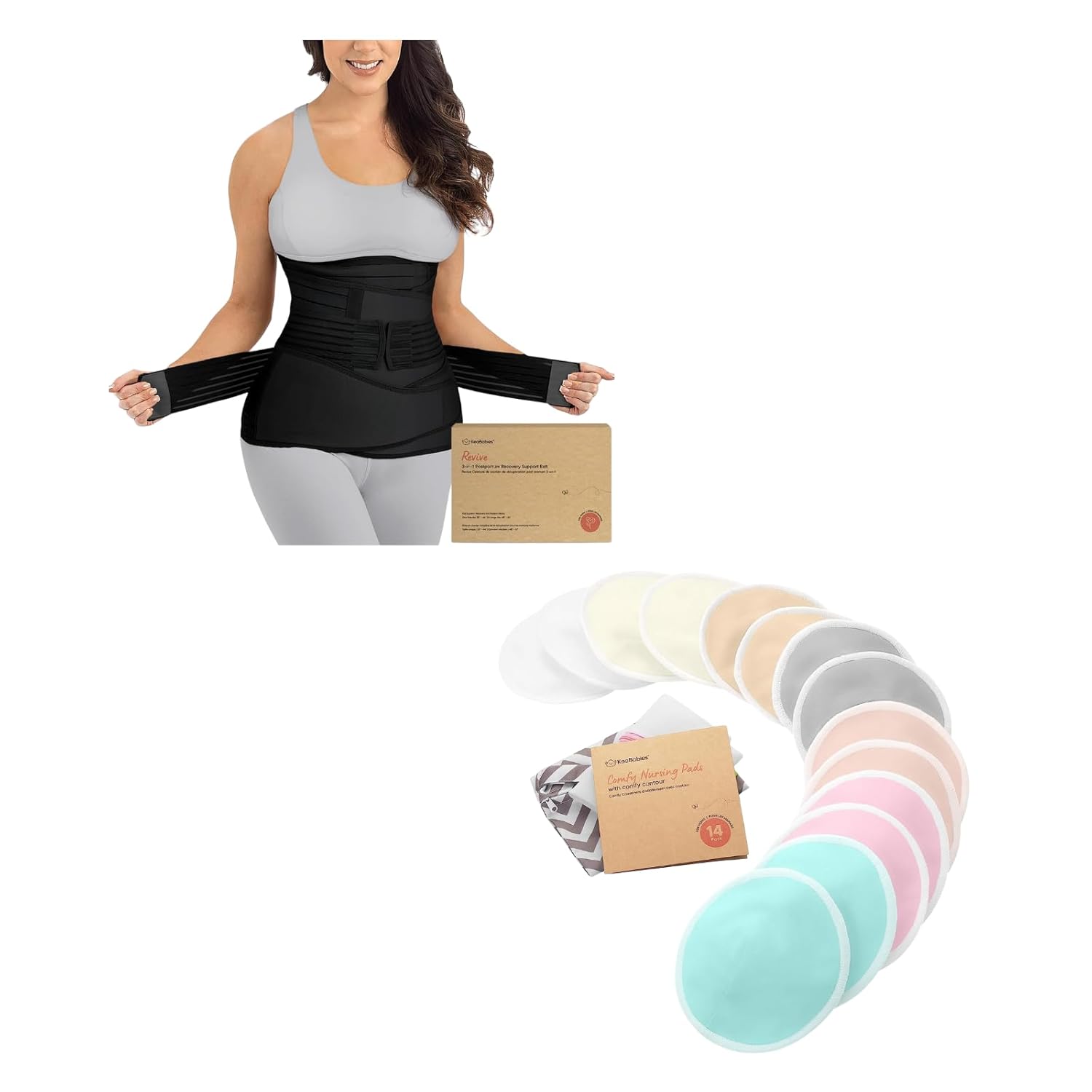 KeaBabies 3 in 1 Postpartum Belly Support Recovery Wrap and 4-Layers Nursing Breast Pads - Postpartum Belly Band - 14 Washable Pads + Wash Bag - After Birth Brace