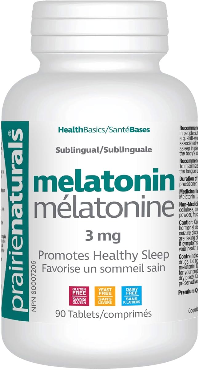 Prairie Naturals Prairie Naturals Sublingual melatonin 3mg tab; helps increase total sleep, helps relieve daytime fatigue associated with jet lag, shift work, reduces the time it takes to fall asleep, helps reset the body's sleep-wake cycle – 90 Count