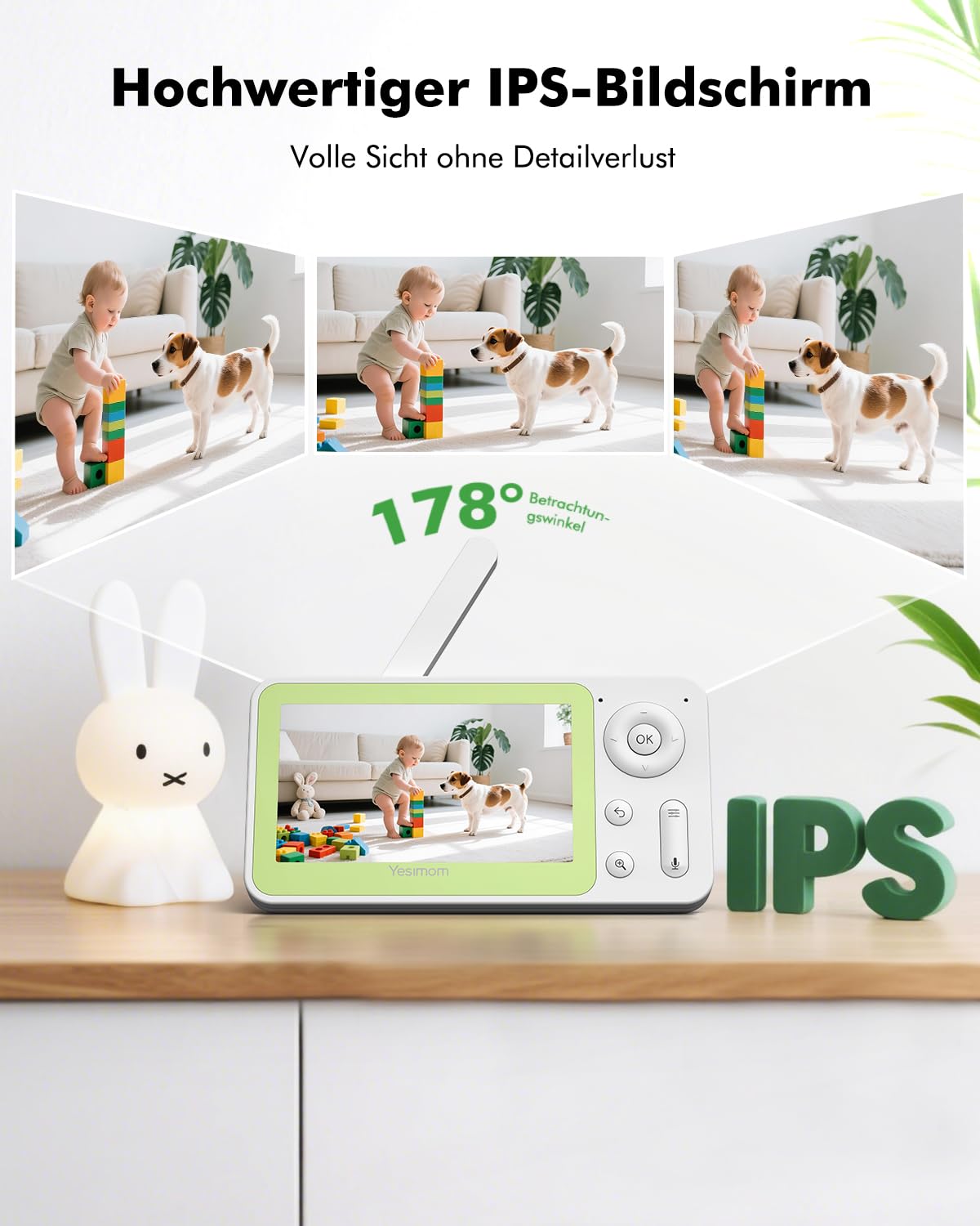 Babyphone mit Kamera 1080P HD PTZ 360°, 4.3" WLAN Baby Monitor mit App, IR Nachtsicht, 4X Zoom, Video Babyfon mit Bewegungs-/Geräuscherkennung, 2-Wege-Audio, Auto-Tracking, Bereichsalarme