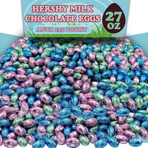 Hershey Milk Chocolate Eggs, 2.2 Lbs Bulk Assorted Spring Pastel-Colored Foil Wrappers, Individually Wrapped Easter Candy for Kids Basket Filler, Easter Eggs, Treat Bags