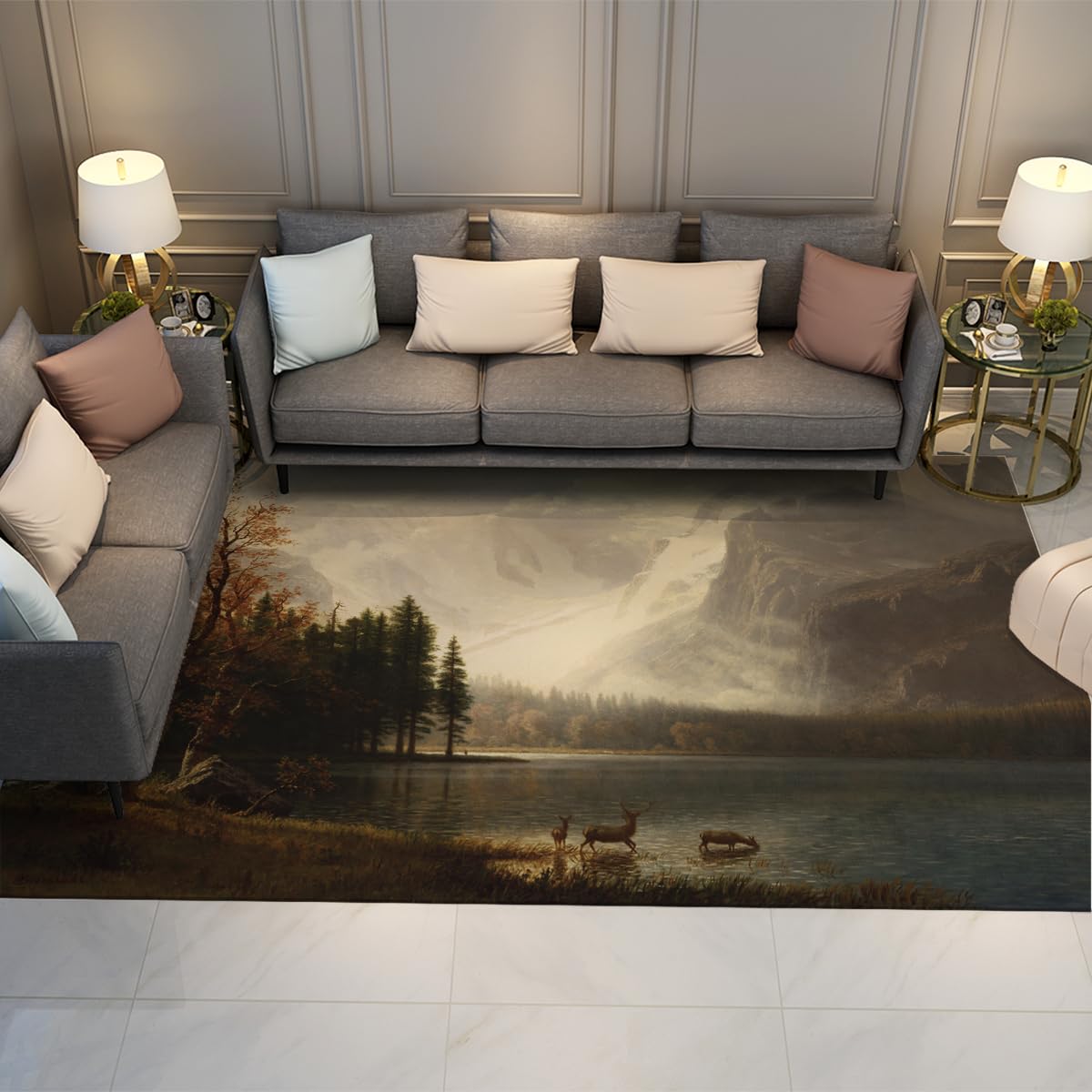 Dywaniki z naturalnej scenerii do salonu, sypialni, 90 x 150 cm, zmywalne, jelenie, stad, gór i jeziora, nadruk, antypoślizgowy, kuchnia, pokój gościnny, miękki, duży dywan, 90 x 150 cm