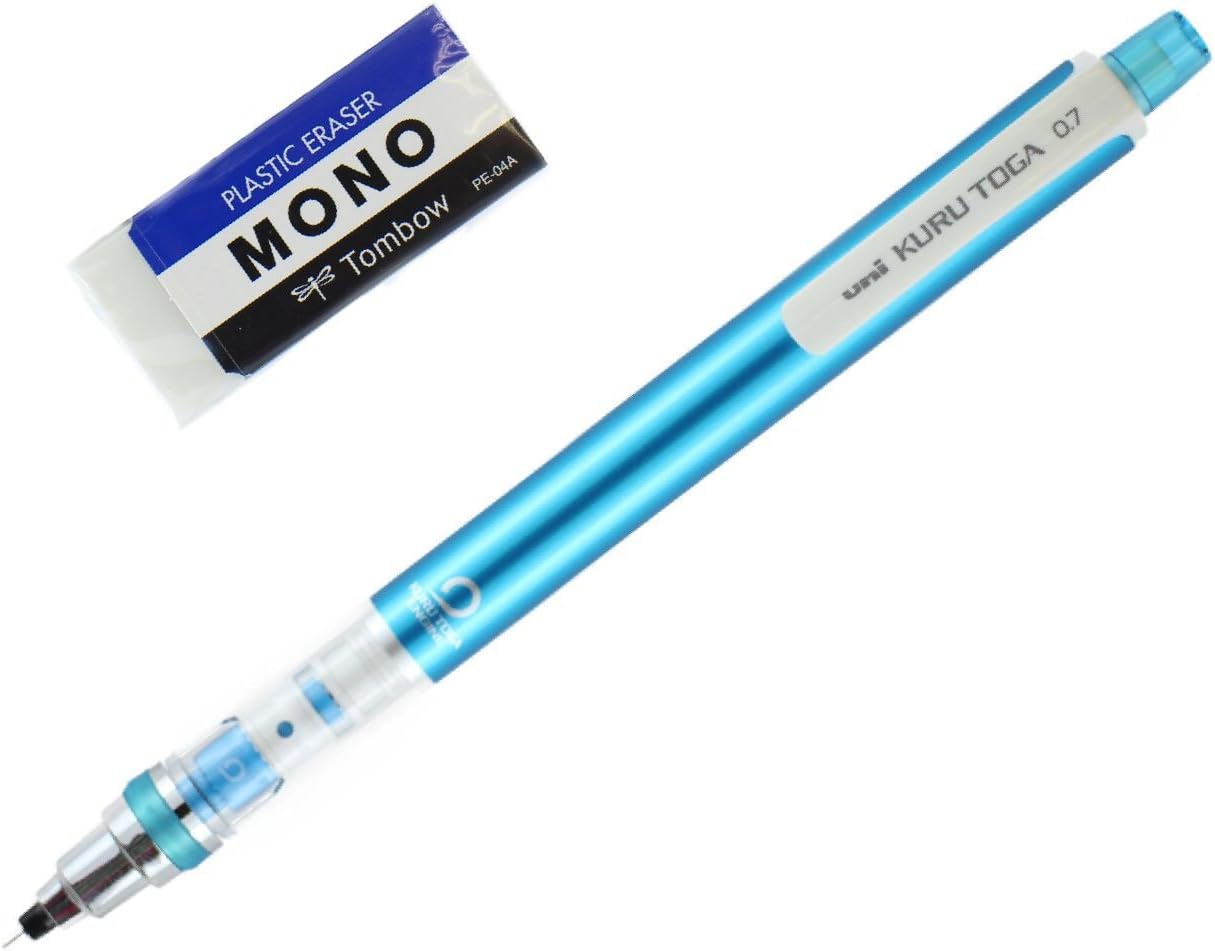 Uni Mechanical Pencil, Kuru Toga 0.7mm BLUE(M7-450.1P.33)& MONO ERASER(PE-04A) with MIYABI stationery store original gift package(M7-450.1P.33/PE-04A)
