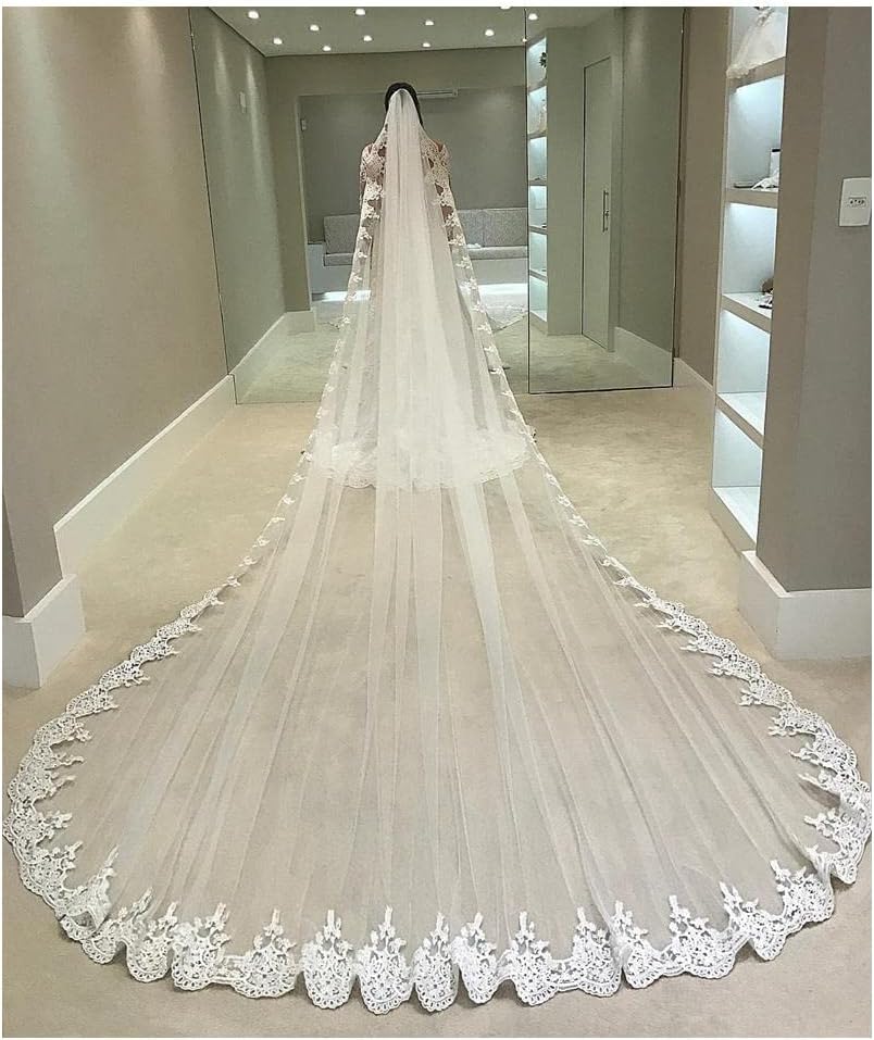 Velo da Sposa Bordo Intero Tulle da Sposa in Pizzo Veli Lunghi 4 Metri Velo da Spalla a Uno Strato con Pettine Velo da Sposa in Tulle Multi-Dimensione