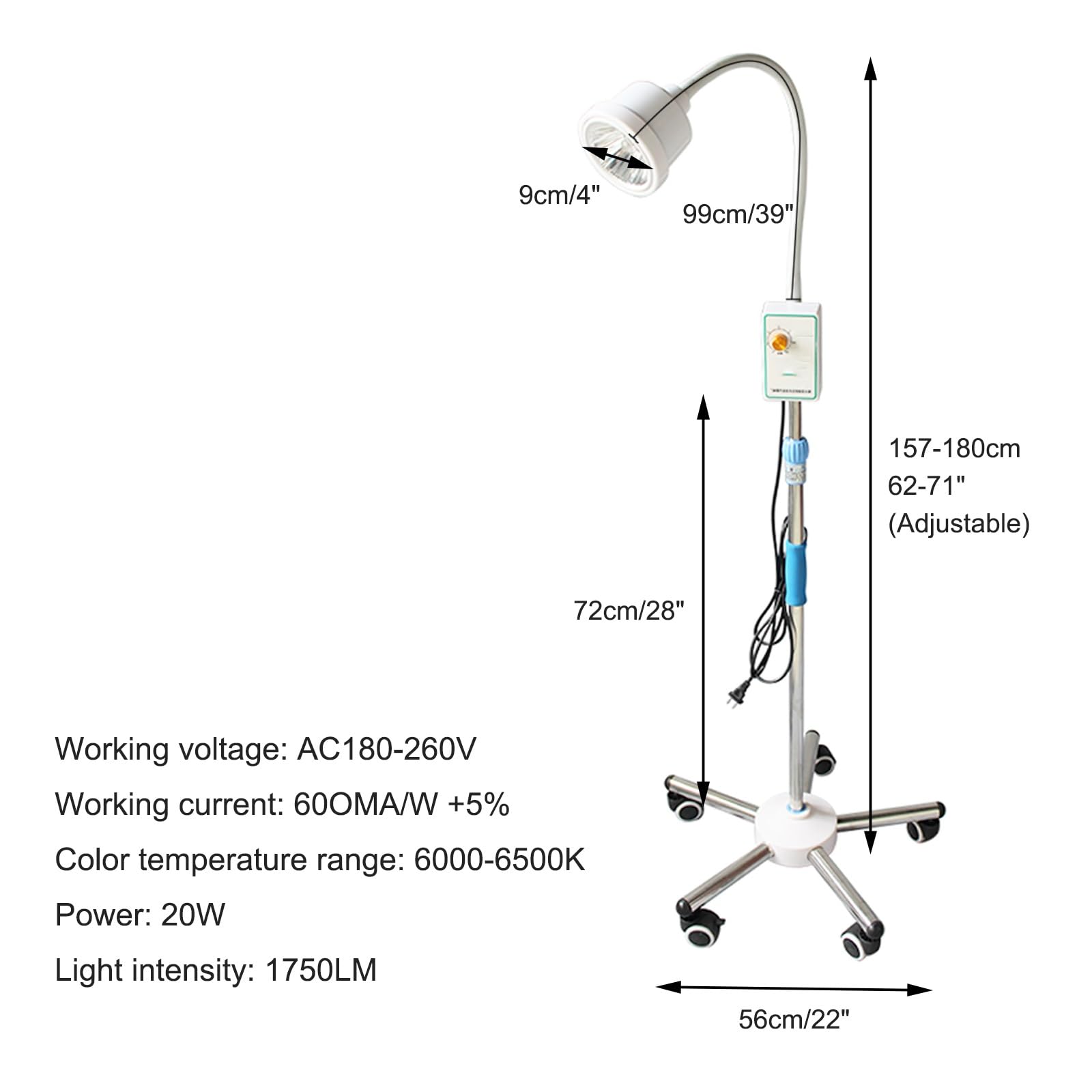 Lampe D'examen Médical à LED 20 W, Lampe Médicale Mobile, Lumière D'examen, Lampe D'examen Médical Sans Ombre, Lampe D'examen col de Cygne